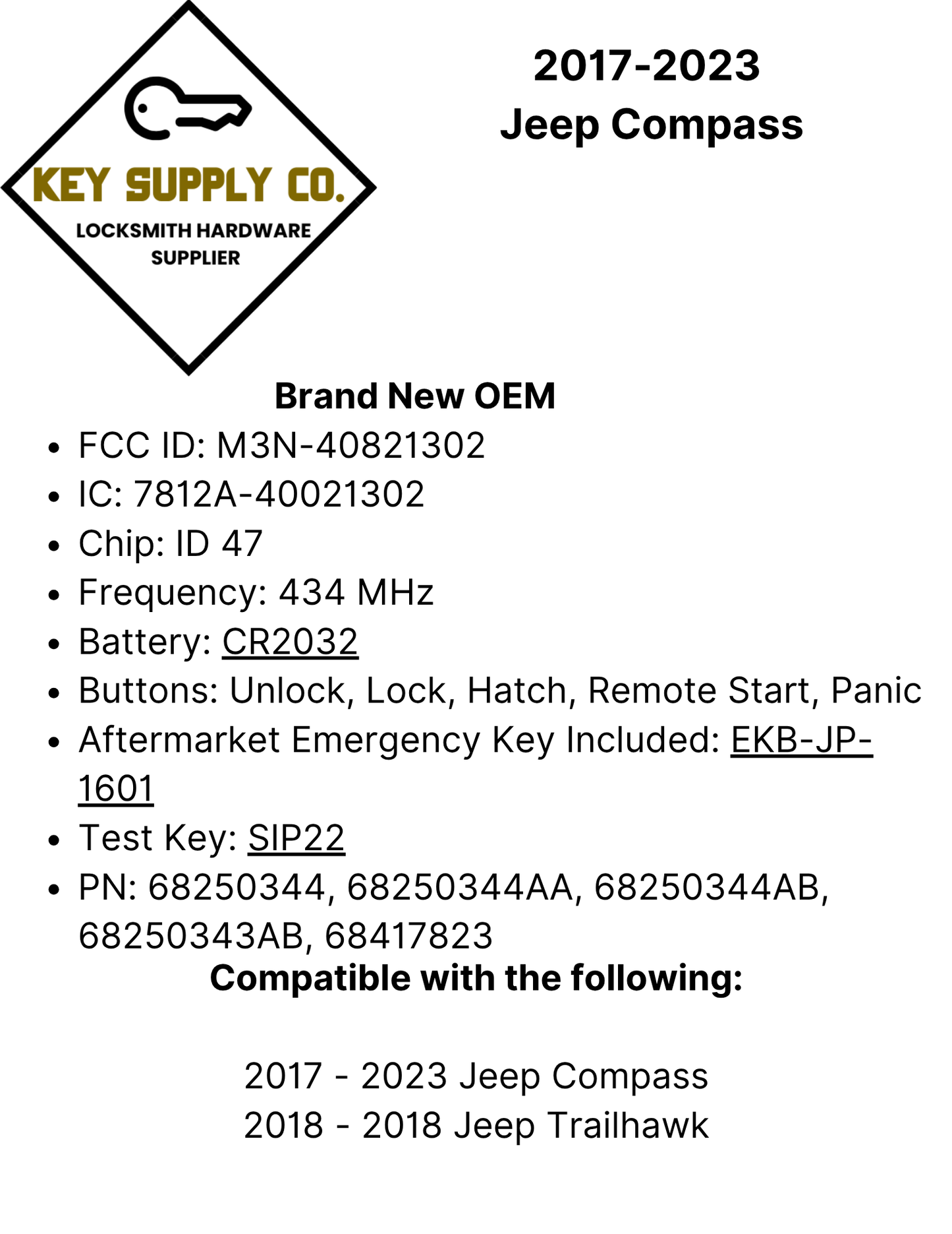 2017-2023 Jeep Compass / 5-Button Smart Key / PN: 68250343AB / M3N-40821302 (OEM)