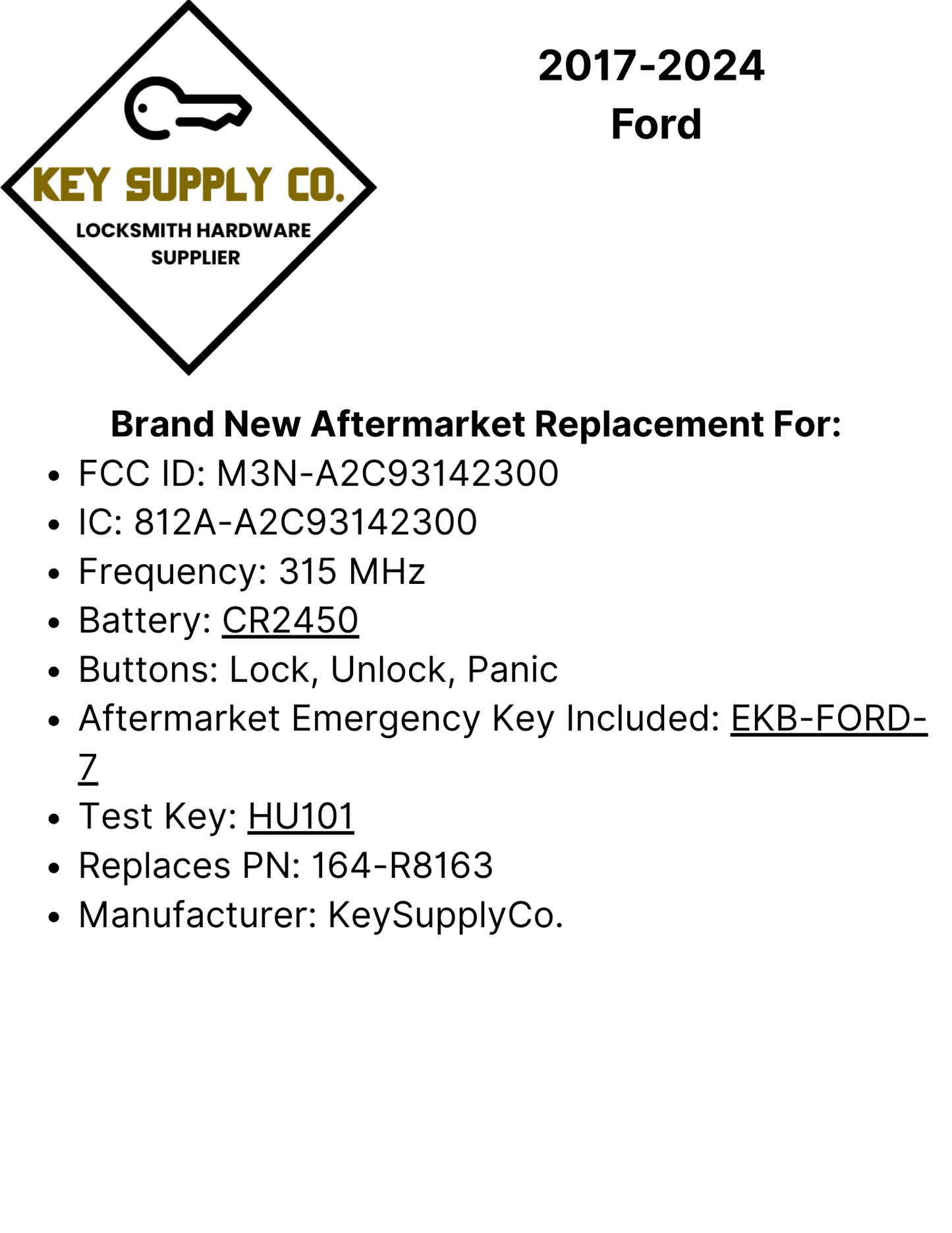2017-2024 Ford / 3-Button Smart Key / 164-R8163 / M3N-A2C93142300 (AFTERMARKET)