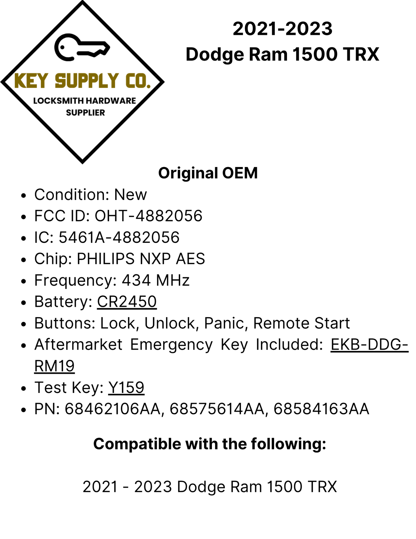 2021-2023 Dodge Ram 1500 TRX / 4-Button Smart Key / PN: 68462106AA / OHT-4882056 (OEM)