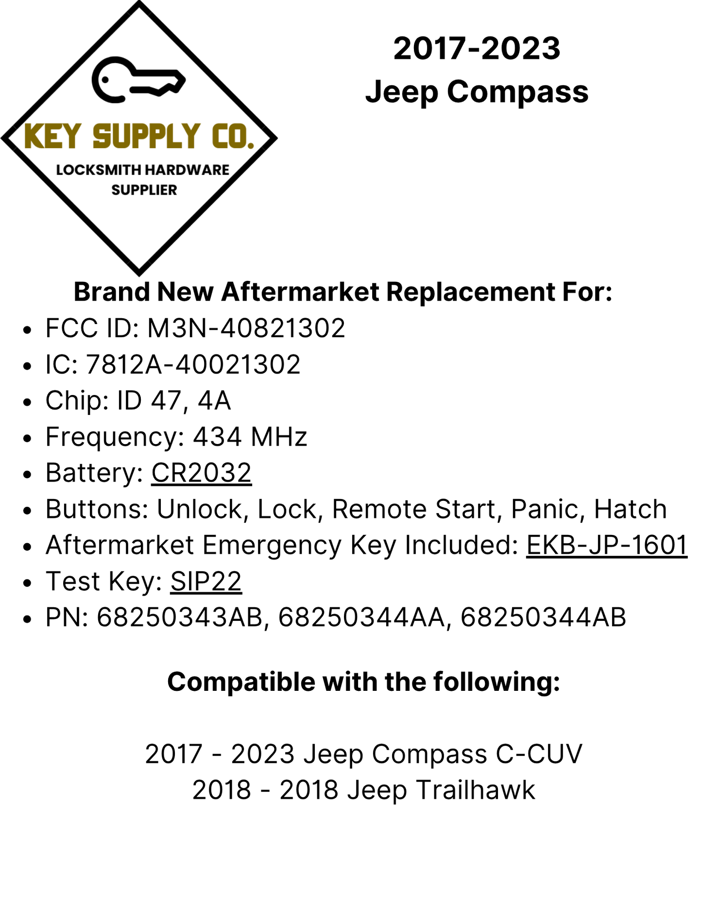 2017-2023 Jeep Compass / 5-Button Smart Key / PN: 68250343AB / M3N-40821302 (AFTERMARKET)