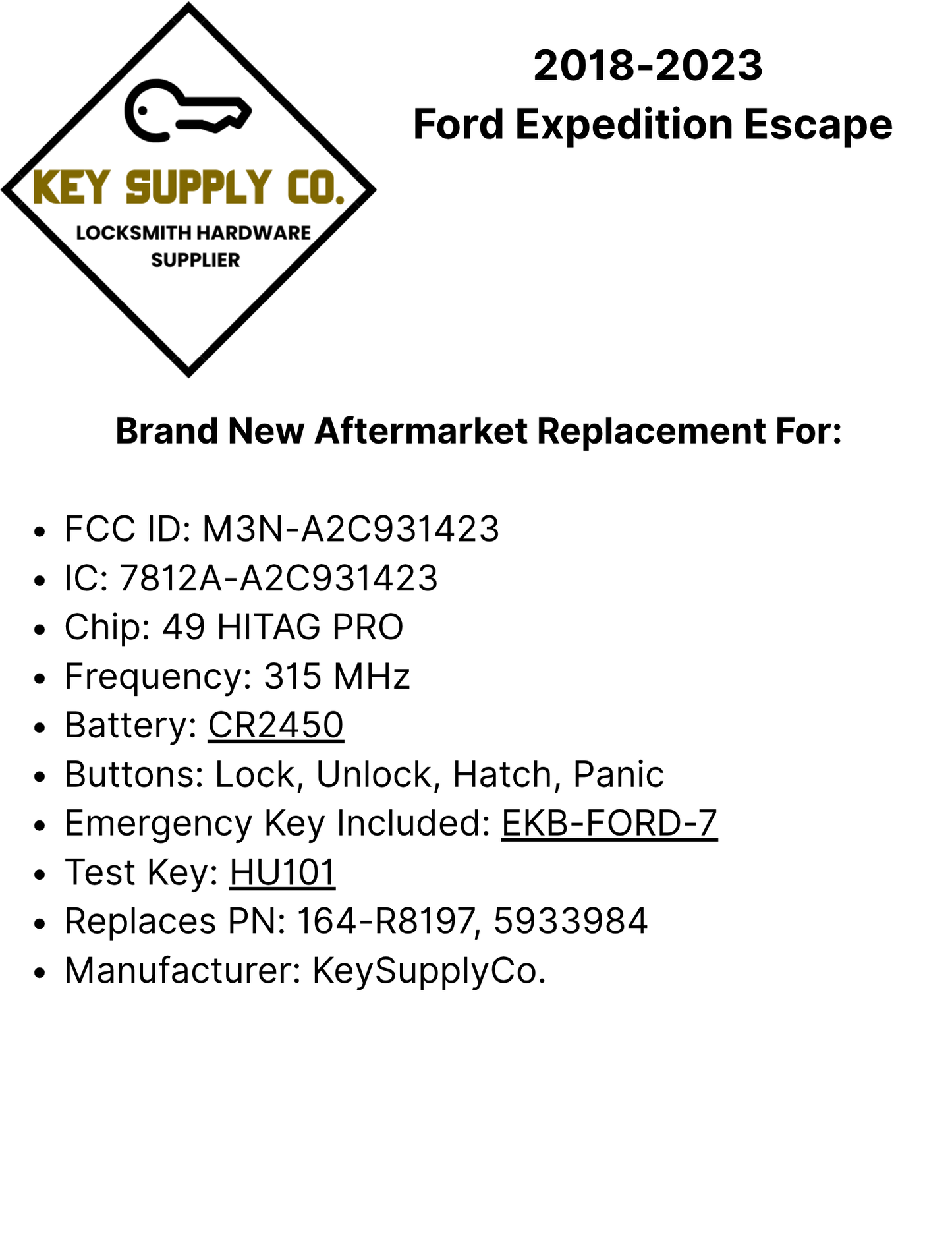 2018-2023 Ford Expedition Escape / 4-Button Smart Key / PN: 164-R8197 / M3N-A2C931423