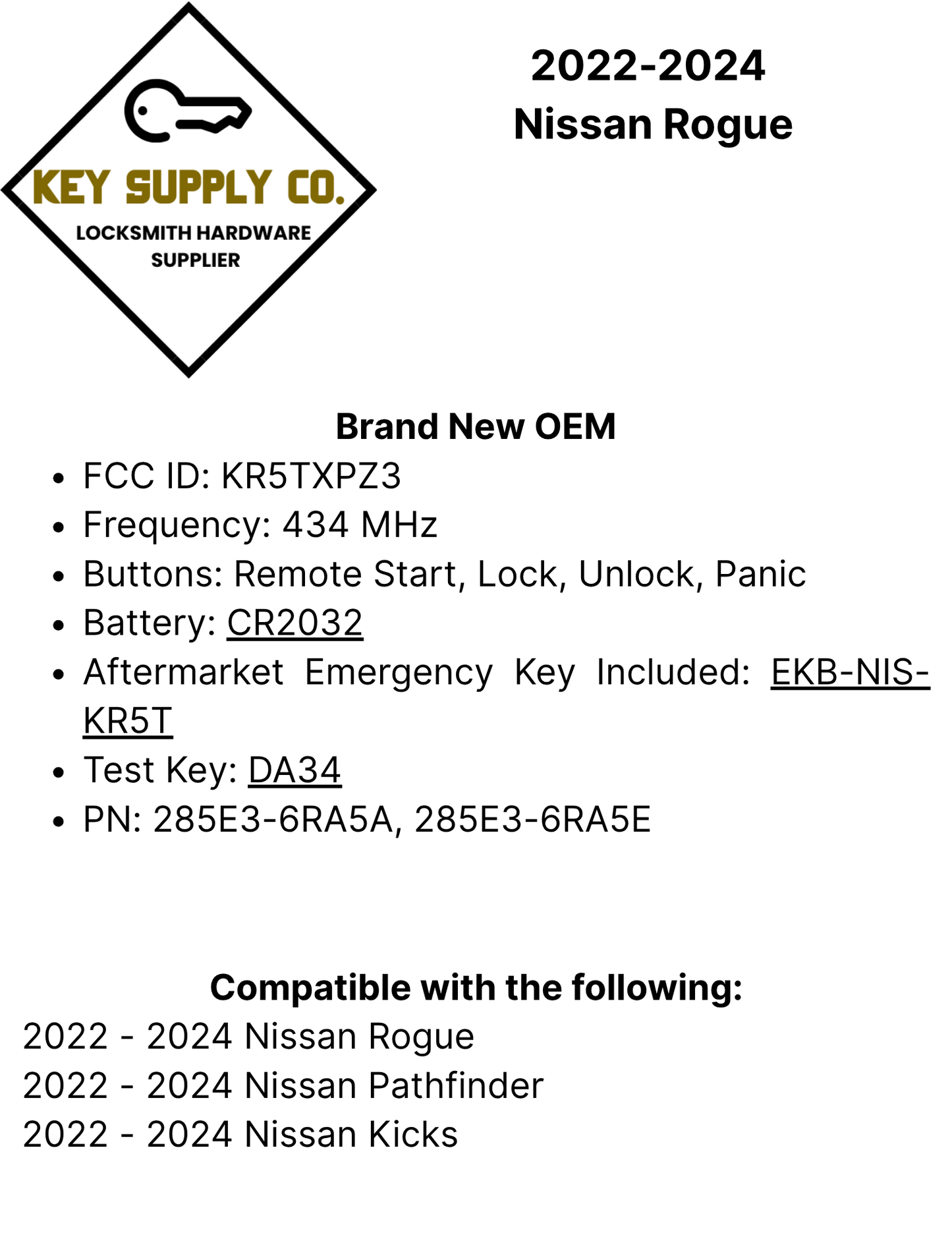 2022-2024 Nissan Rogue / 4-Button Smart Key / PN: 285E3-6RA5A / KR5TXPZ3 (OEM)
