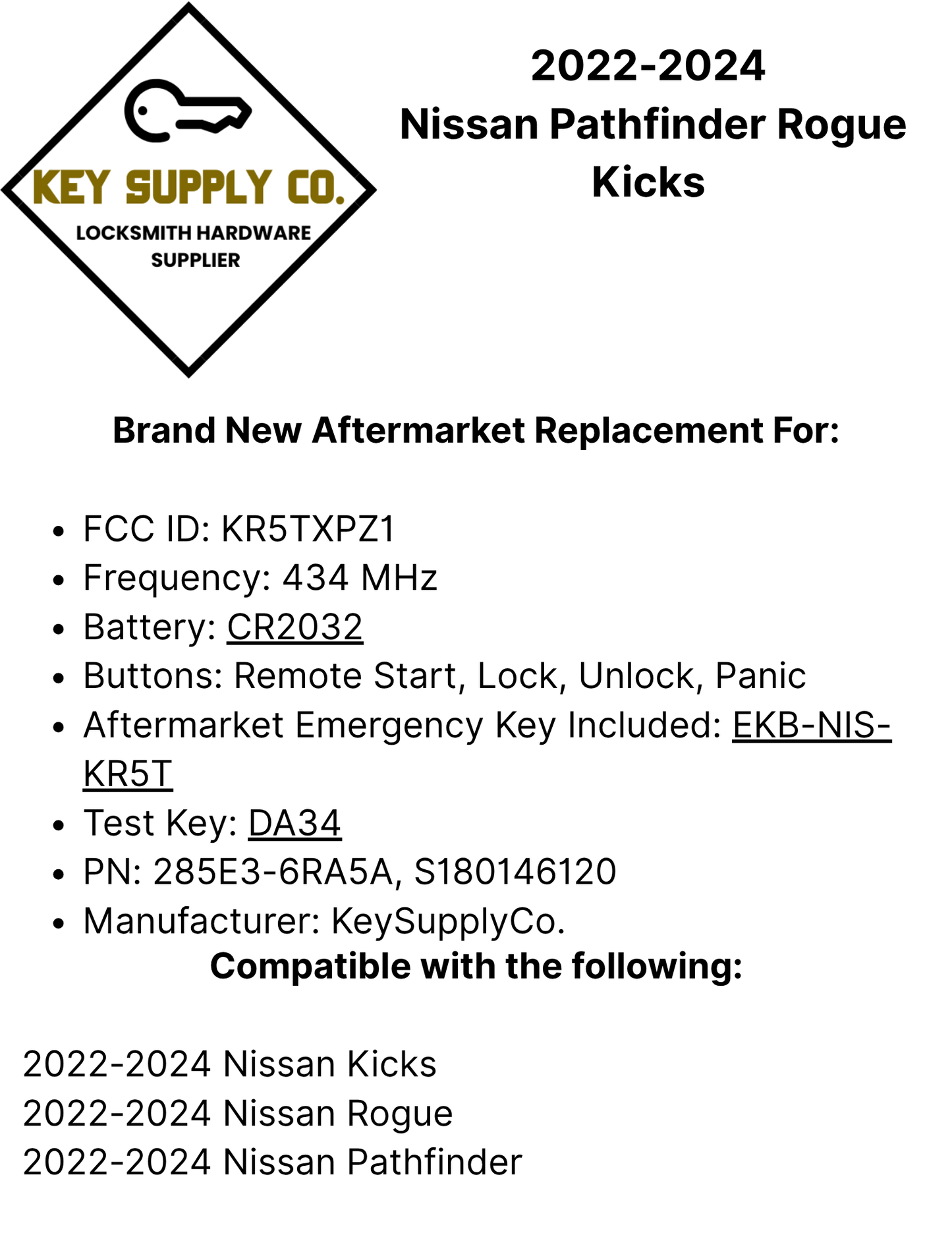 2022-2024 Nissan Pathfinder Rogue Kicks / 4-Button Smart Key / PN: 285E3-6RA5A / KR5TXPZ3 (AFTERMARKET)
