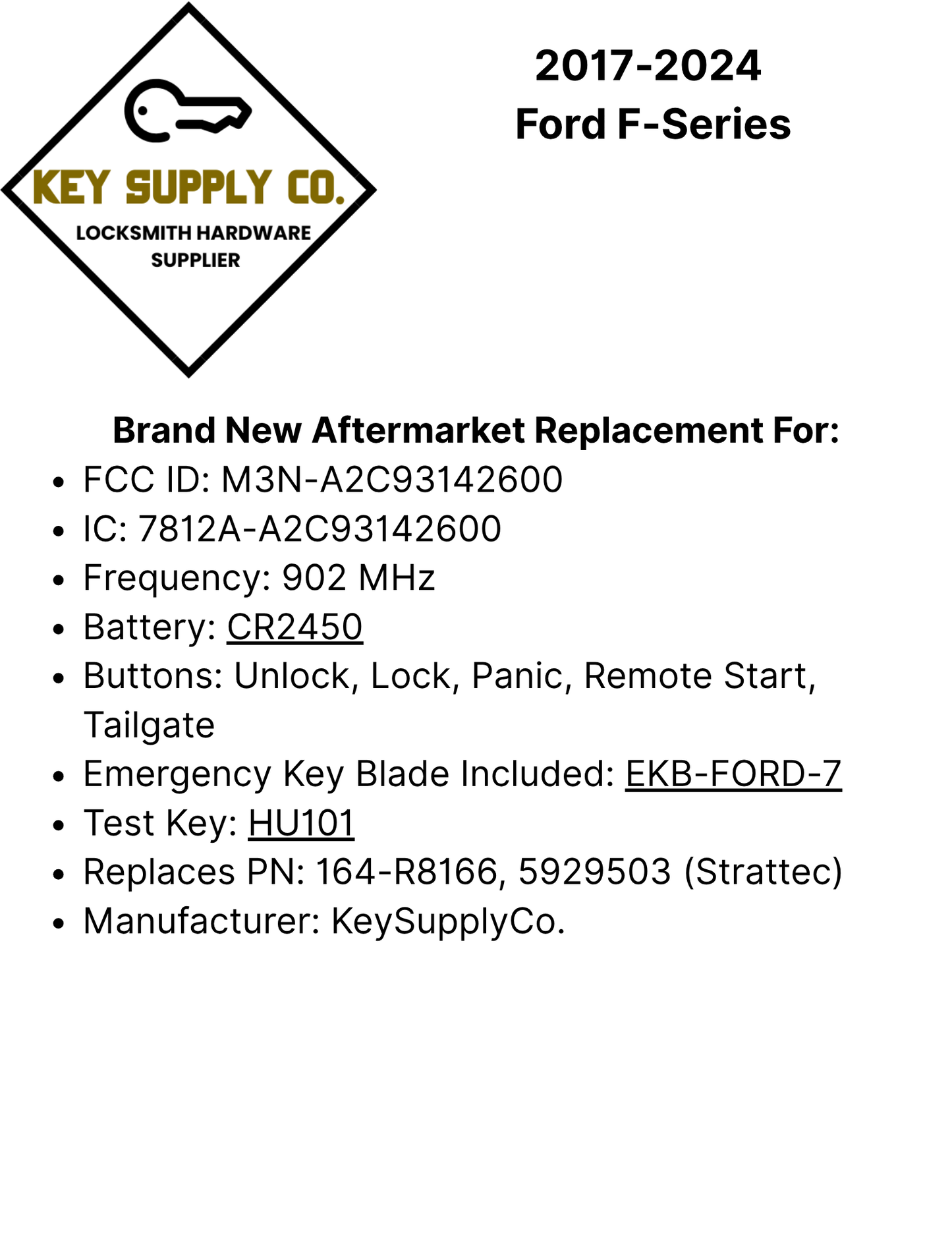 2017-2024 Ford F-Series / 5-Button Smart Key w/ Tailgate / M3N-A2C93142600 / 164-R8166 (AFTERMARKET)