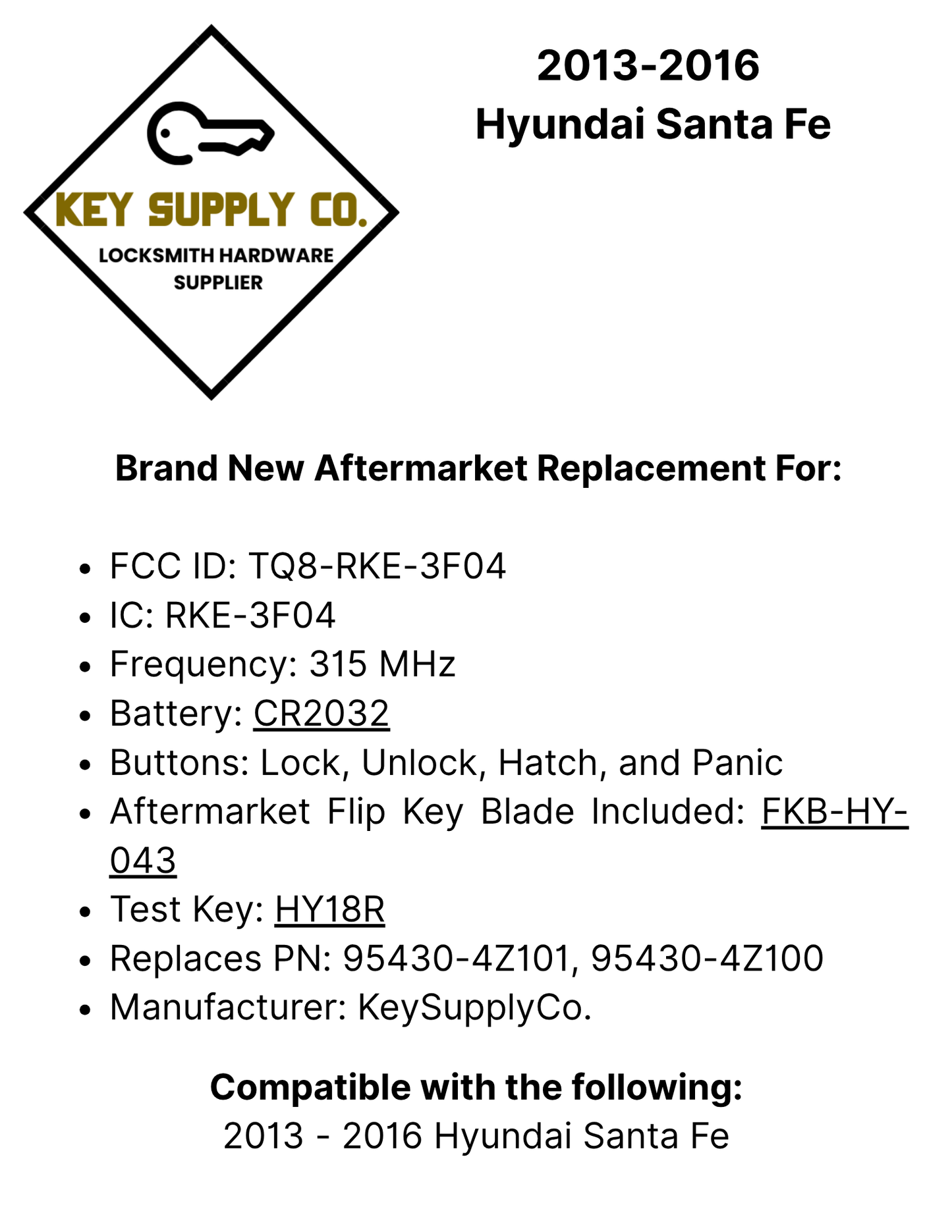 2013-2016 Hyundai Santa Fe / 4-Button Flip Key Remote / PN: 95430-4Z101 / TQ8-RKE-3F04 (AFTERMARKET)