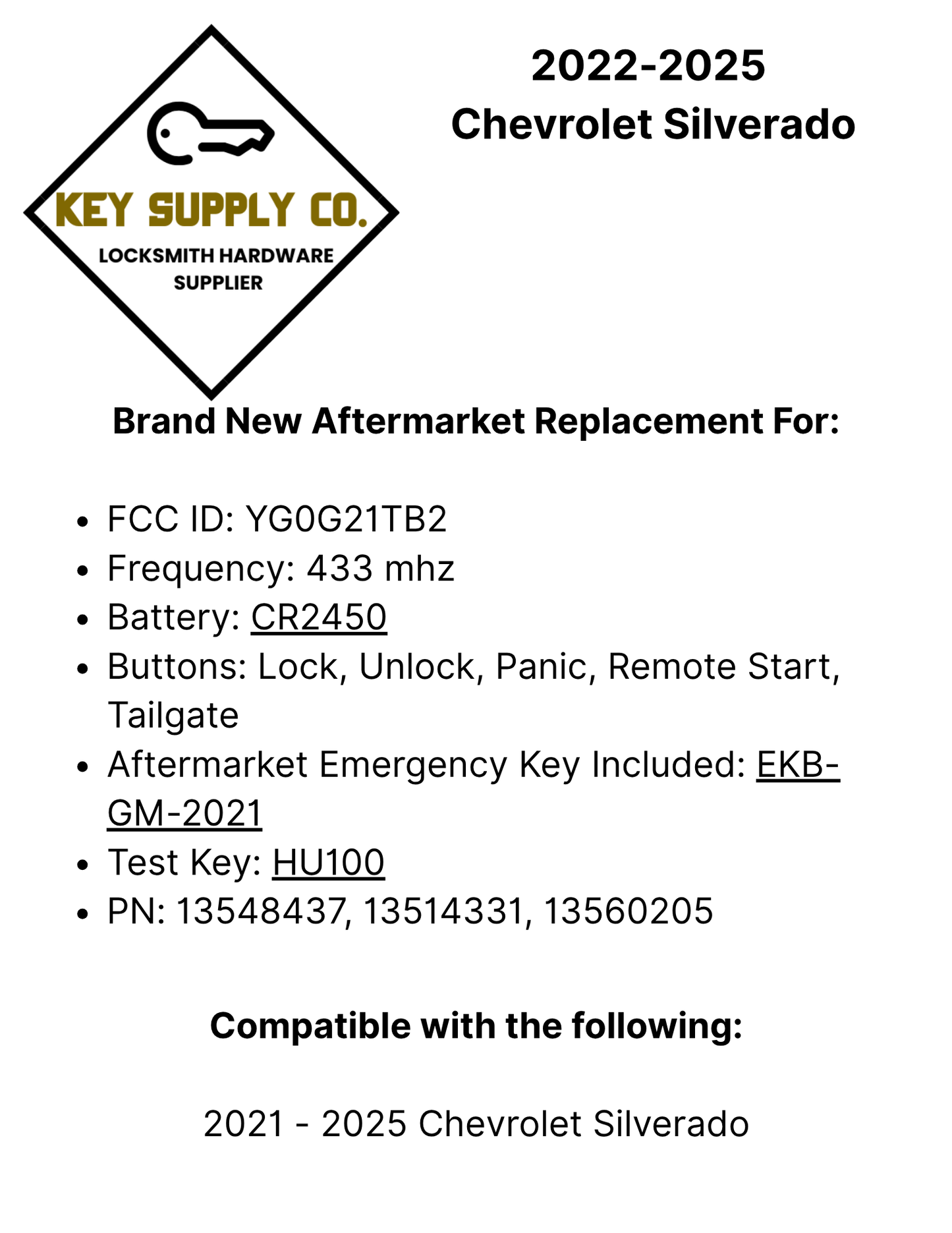 2022-2025 Chevrolet Silverado / 5-Button Smart Key / PN: 13548437 / YG0G21TB2 (AFTERMARKET)