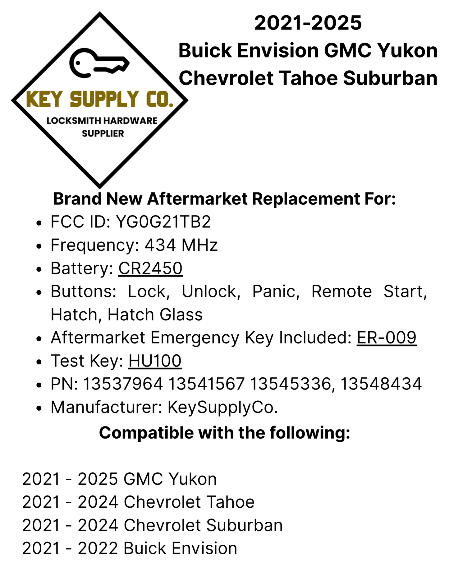 2021-2025 Buick Envision GMC Yukon Chevrolet Tahoe Suburban / 6-Button Smart Key / PN: 13541567 / YG0G21TB2 (AFTERMARKET)