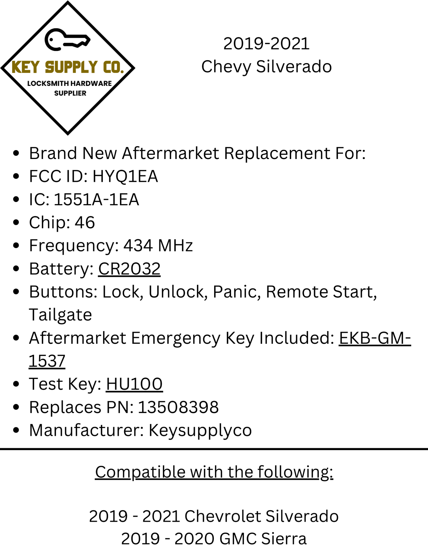 2019-2021 Chevrolet Silverado / 5-Button Smart Key w/ Tailgate / PN: 13508398 / HYQ1EA / 434 MHz (AFTERMARKET)