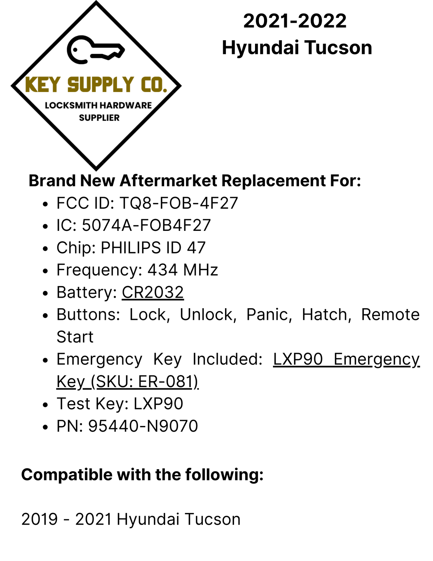 2021-2022 Hyundai Tucson / 5-Button Smart Key / PN: 95440-N9070 / TQ8-FOB-4F27 (Aftermarket)