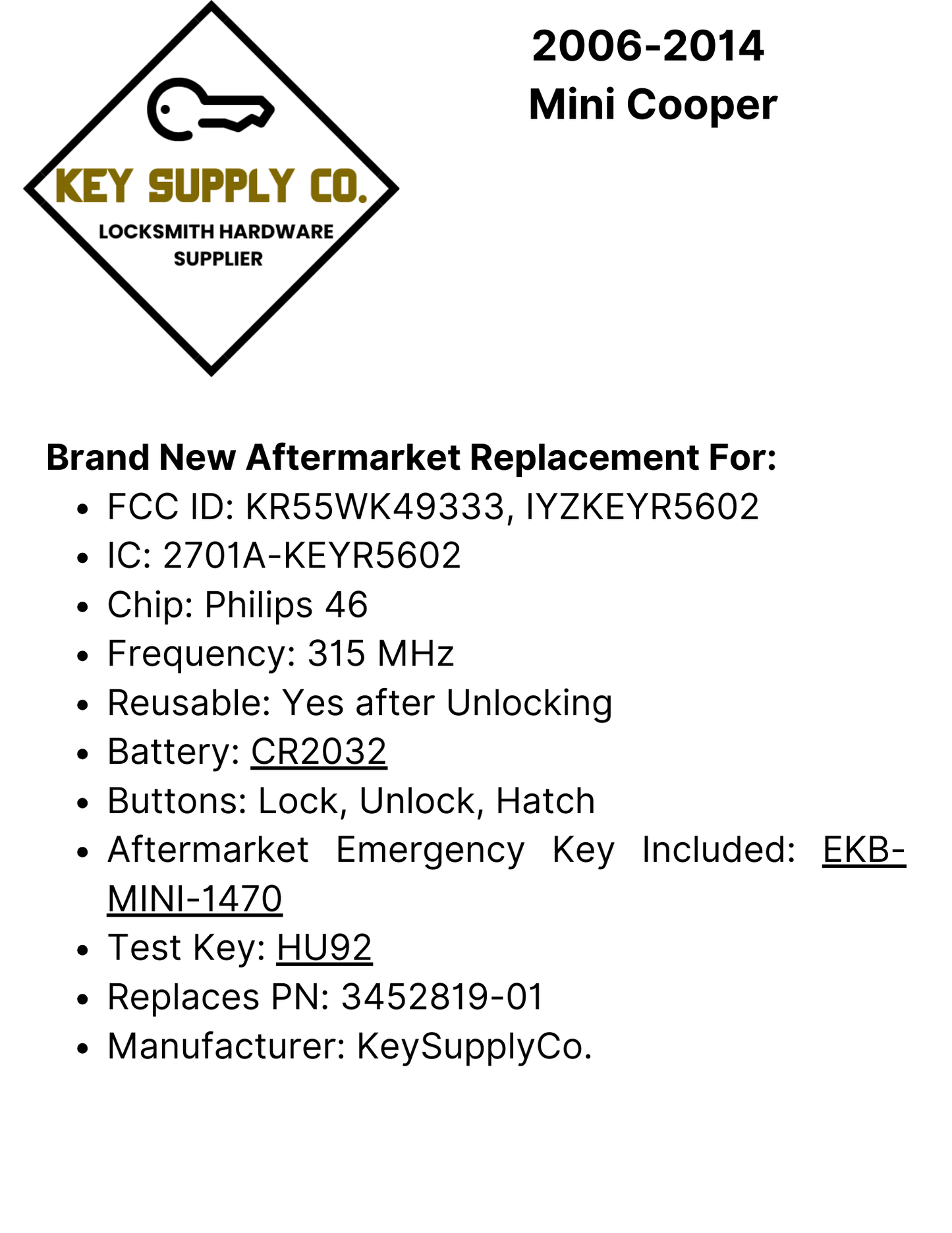 2006-2014 Mini Cooper / 3-Button Smart Key / KR55WK49333 (AFTERMARKET)