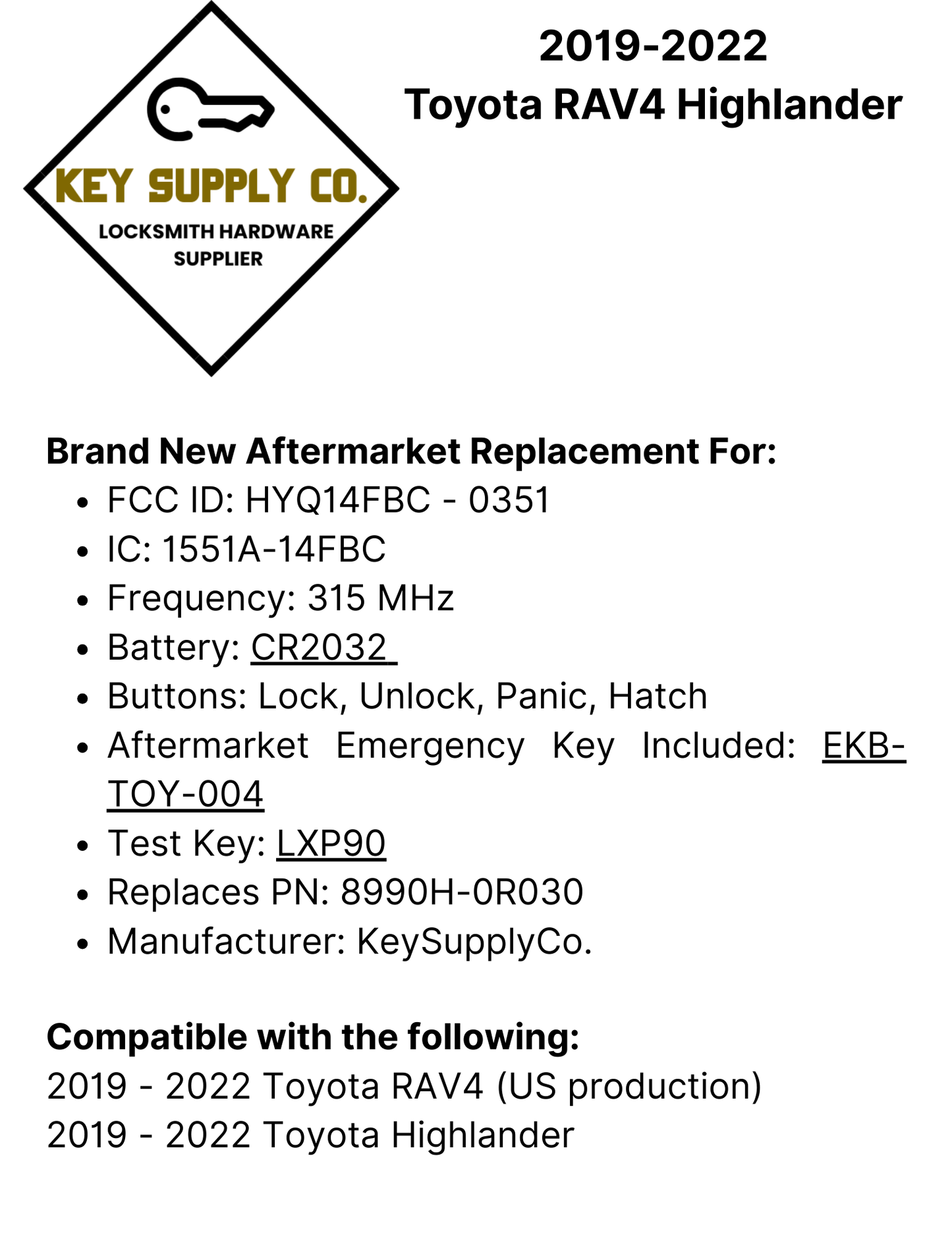 2019-2022 Toyota RAV4 Highlander / 4-Button Smart Key / 8990H-0R030 / HYQ14FBC / 0351 (AFTERMARKET)