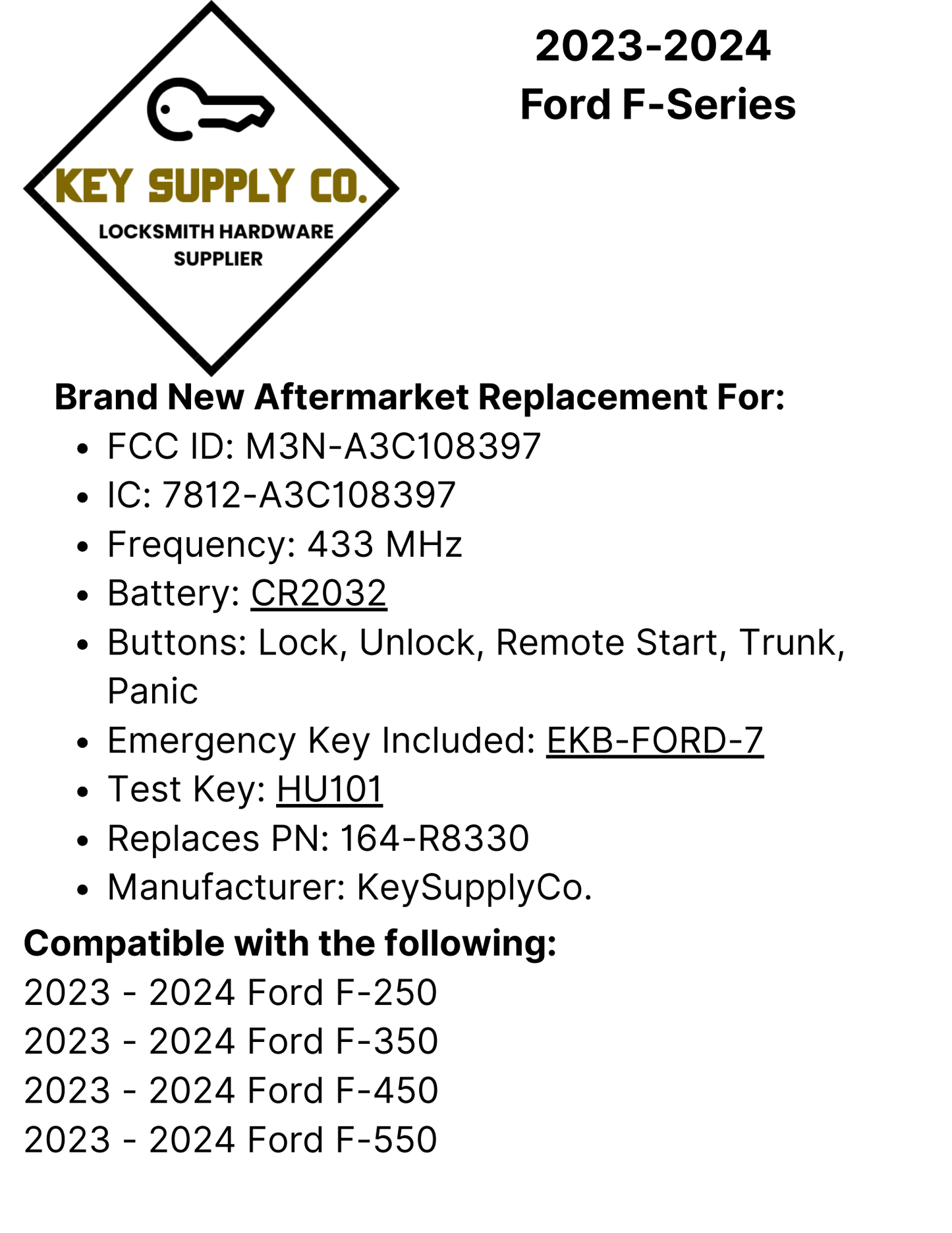 2023-2024 Ford F-Series / 5-Button Smart Key / PN: 164-R8330 / M3N-A3C108397 (AFTERMARKET)
