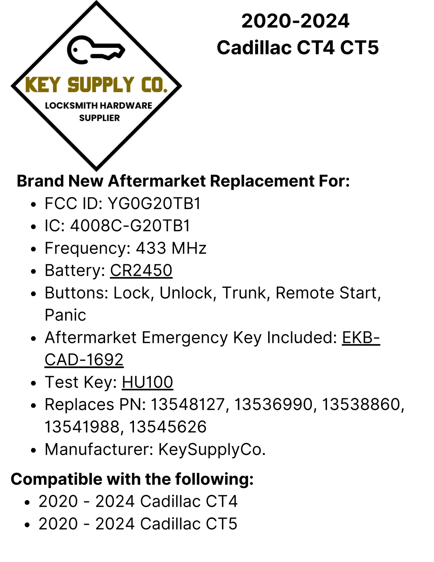 2020-2024 Cadillac CT4 CT5 / 5-Button Smart Key / PN: 13538860 / YG0G20TB1 (AFTERMARKET)
