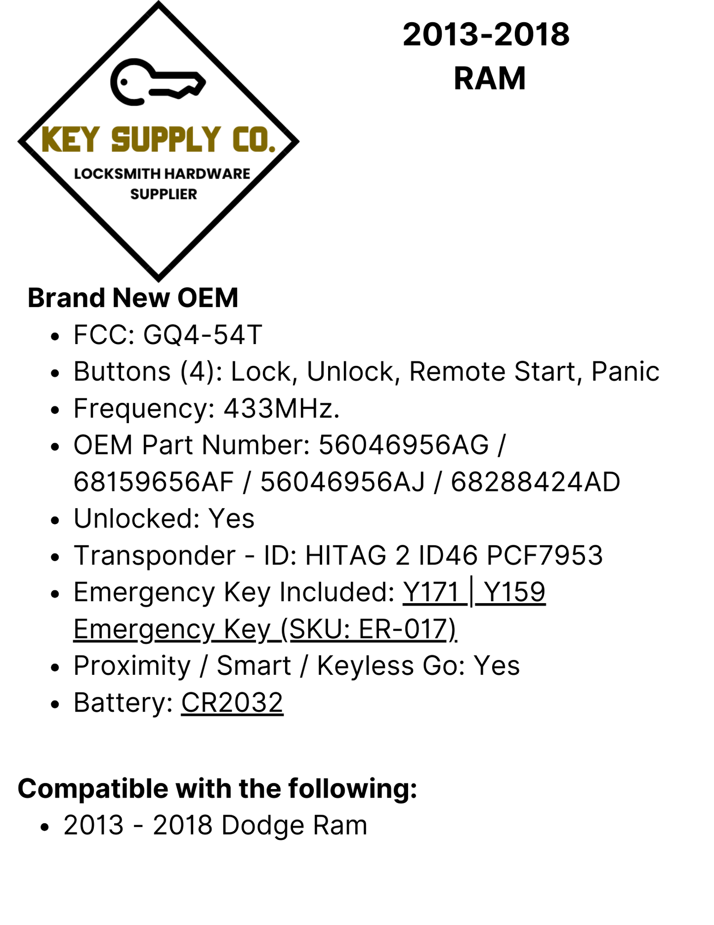 2013-2018 RAM 4 Buttons Smart Remote Key / 433MHz / 68159656AF / GQ4-54T (OEM)