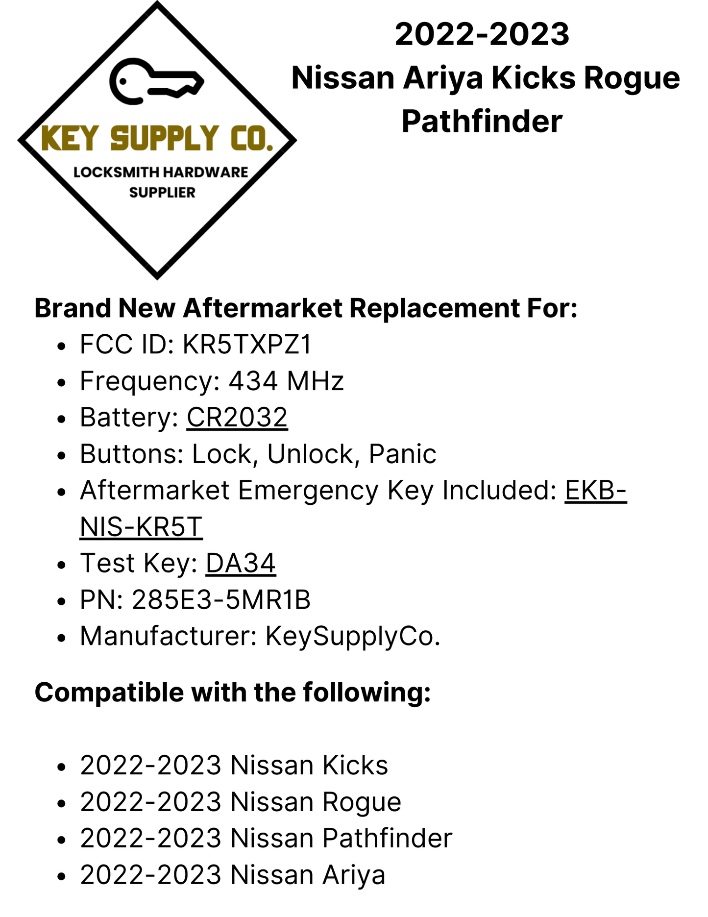2022-2023 Nissan Ariya Kicks Rogue Pathfinder / 3-Button Smart Key / PN: 285E3-5MR1B / KR5TXPZ1 (AFTERMARKET)