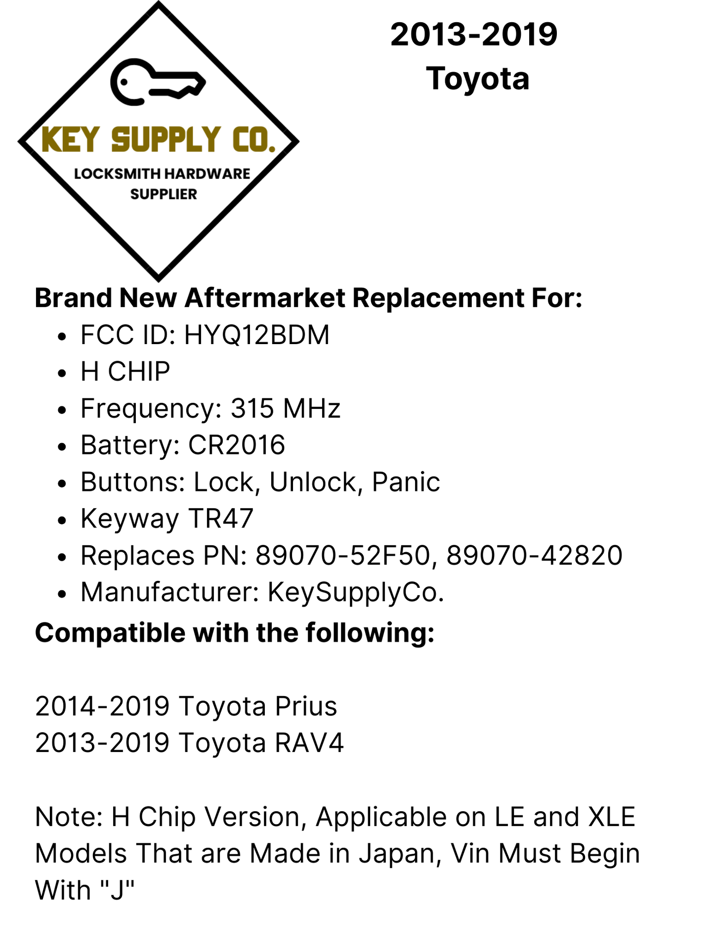 2013-2019 Toyota / 3-Button Remote Head Key / HYQ12BDM / (H CHIP) (AFTERMARKET)