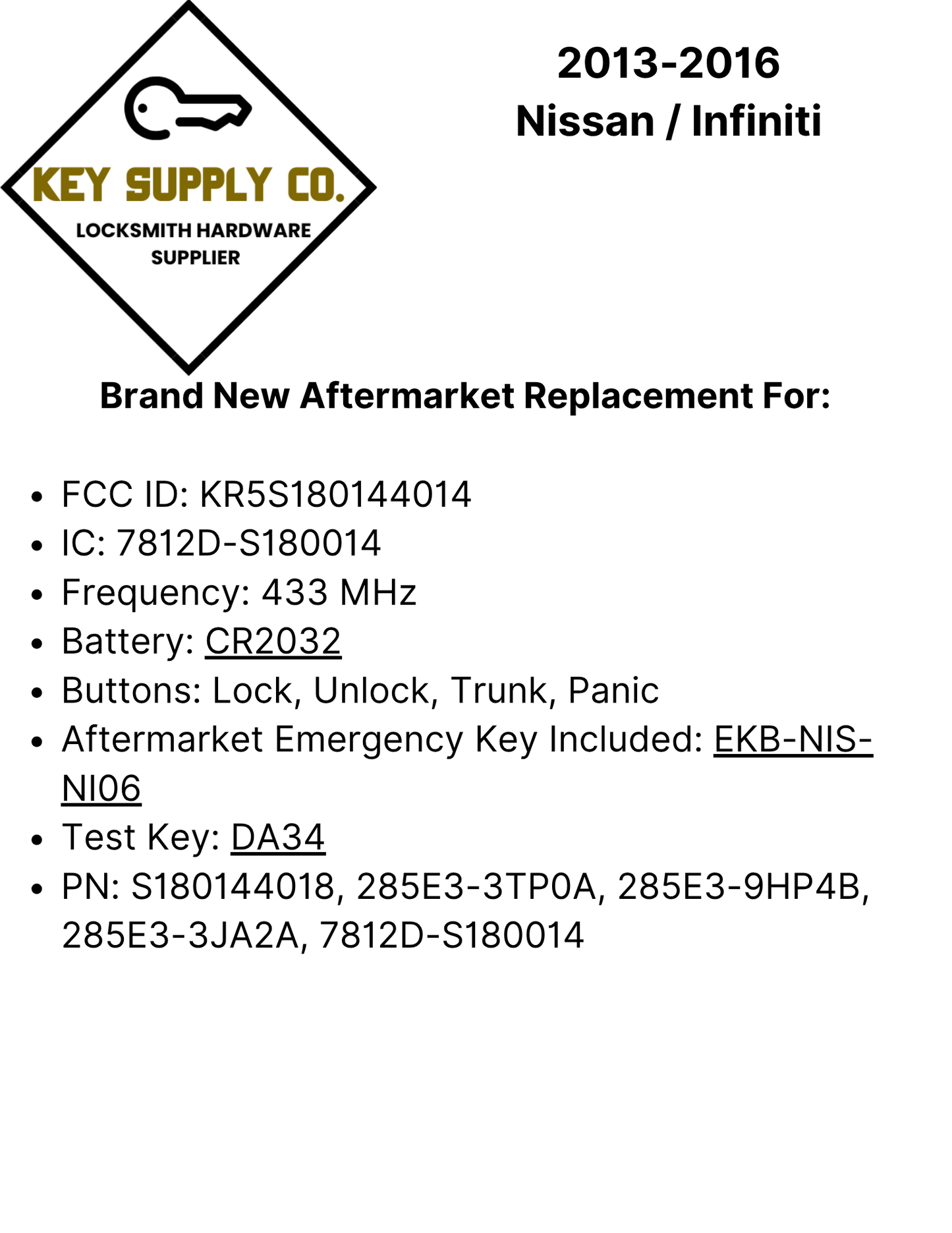 2013-2016 Nissan / Infiniti / 4-Button Smart Key / S180144018 / KR5S180144014 / IC 014 (AFTERMARKET)
