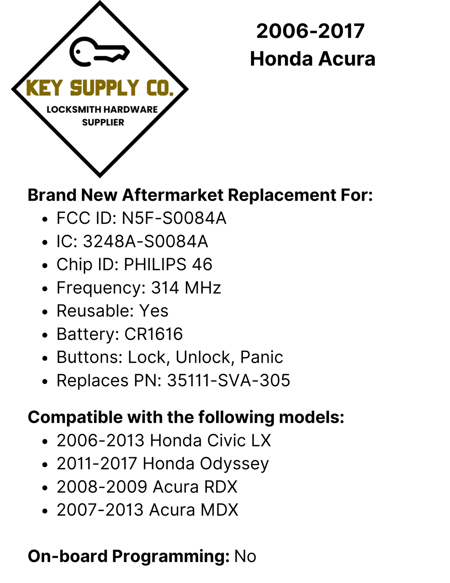 2006-2017 Honda Acura / 3-Button Remote Head Key / N5F-S0084A (AFTERMARKET)