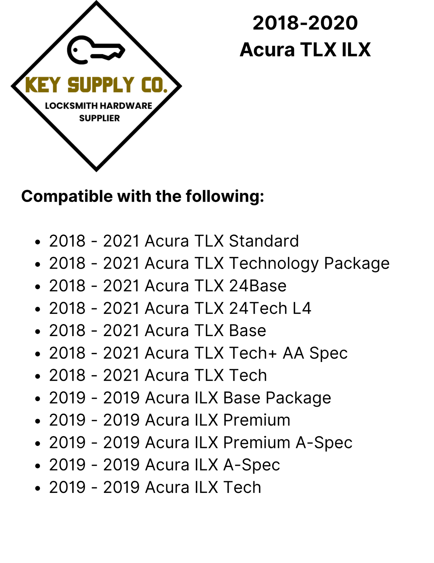2018-2020 Acura TLX ILX / 4-Button Smart Key / PN: 72147-TZ3-A21 / KR5V2X (AFTERMARKET)