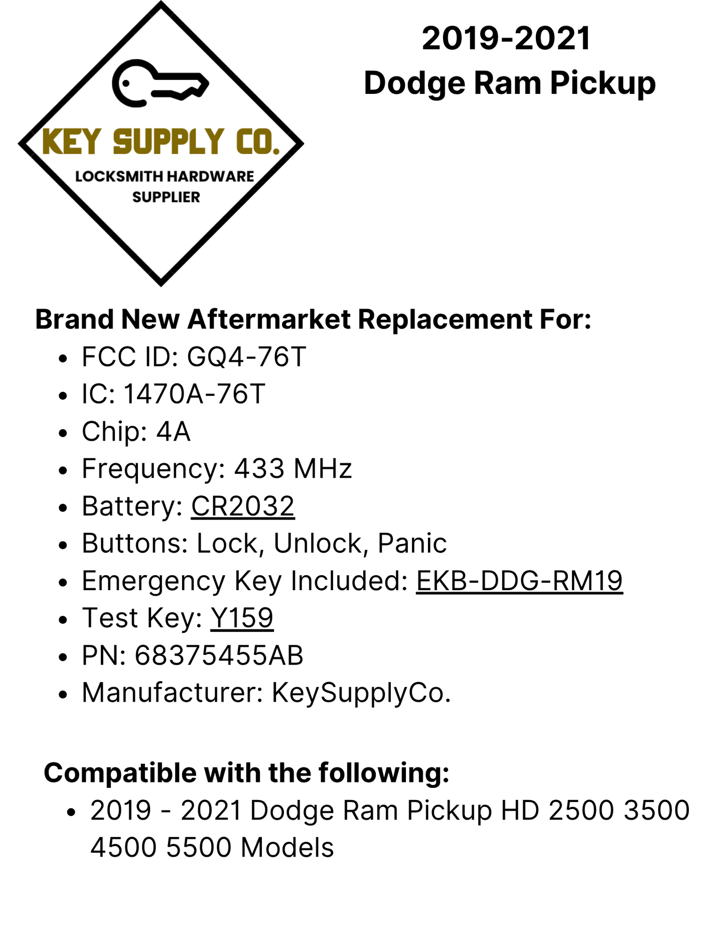 2019-2021 Dodge Ram Pickup HD 2500 3500 4500 5500 / 3-Button Smart Key / PN: 68375455AB / GQ4-76T (AFTERMARKET)