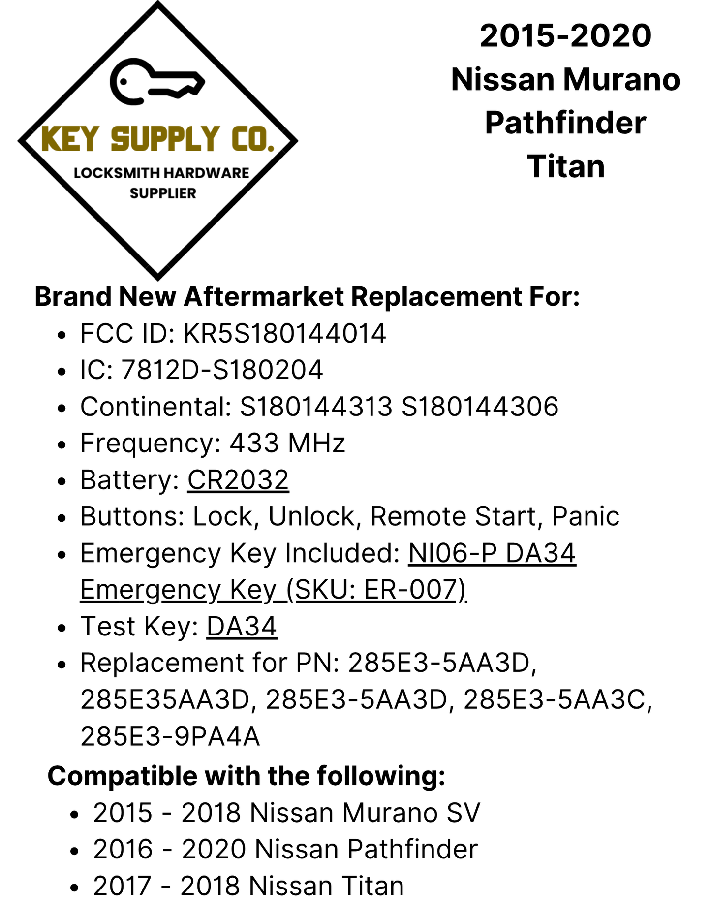 2015-2020 Nissan Murano / Pathfinder / Titan / 4-Button Smart Key / PN: 285E3-5AA3D / KR5S180144014 (AFTERMARKET)