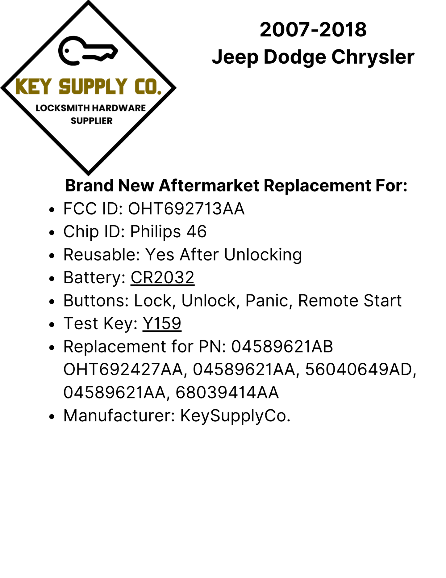 2007-2018 Jeep Dodge Chrysler / 4-Button Remote Head Key / OHT692713AA (AFTERMARKET)