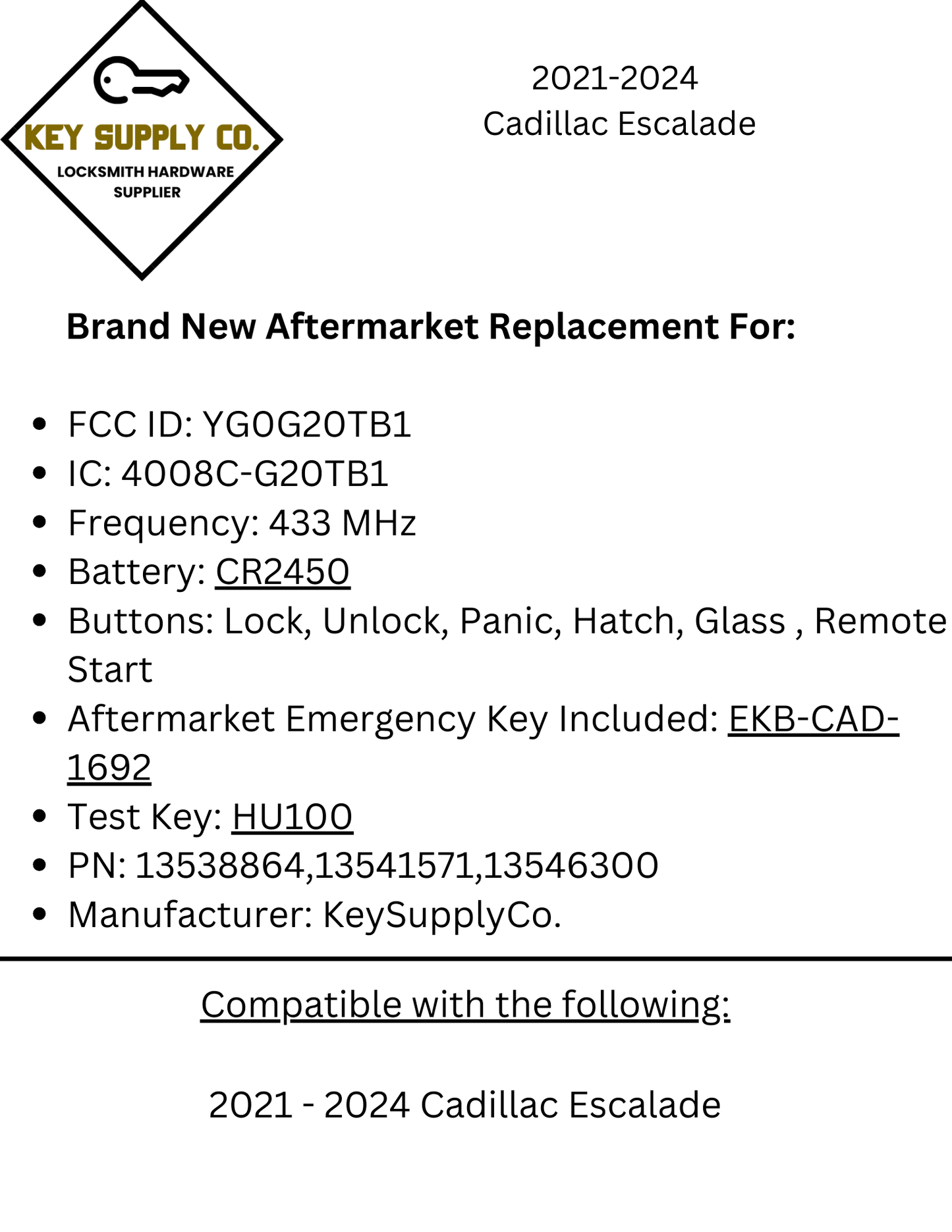 2021-2024 Cadillac Escalade / 6-Button Smart Key / PN: 13538864 / YG0G20TB1 (433 MHz) (AFTERMARKET)