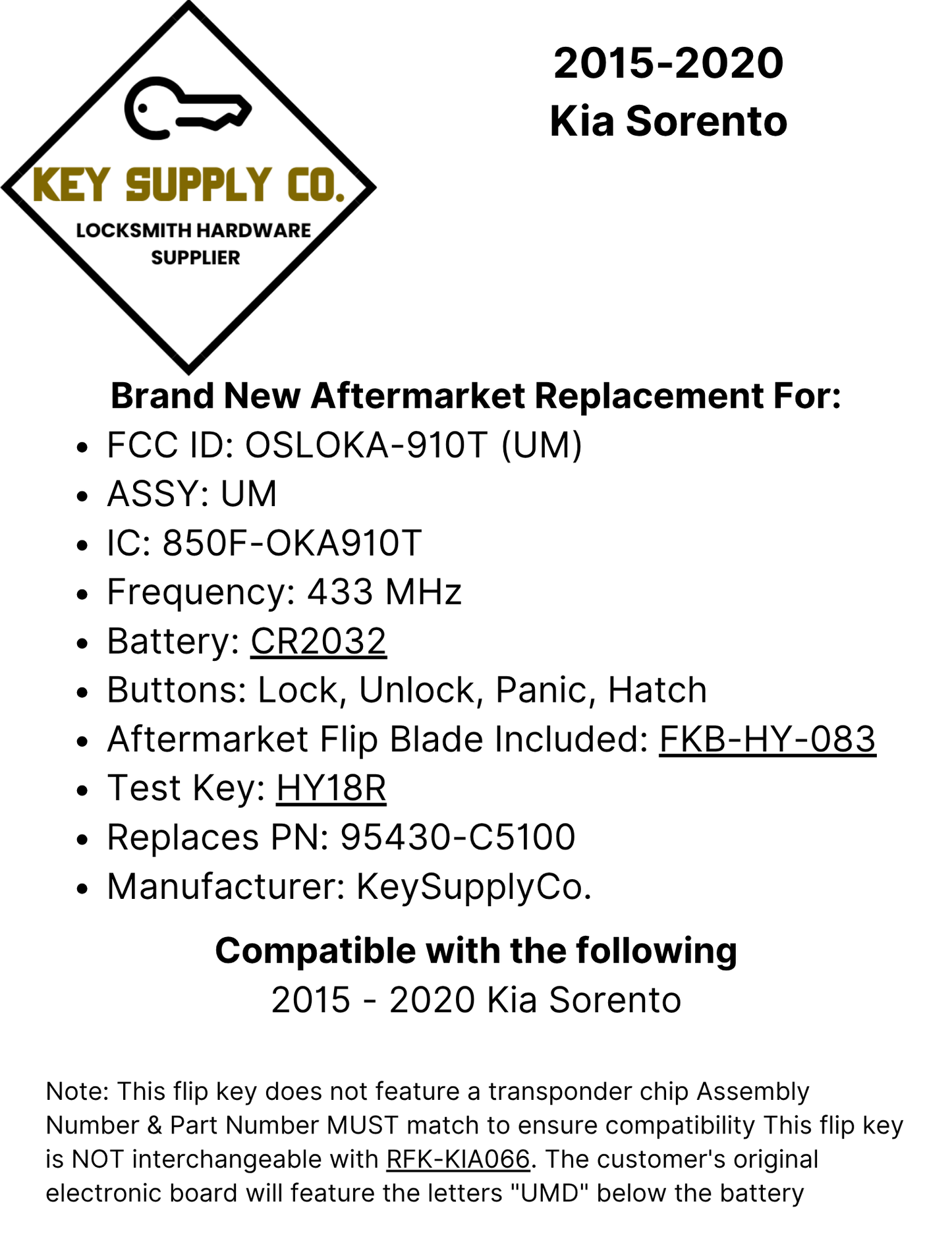 2015-2020 Kia Sorento / 4-Button Flip Key / PN: 95430-C5100 / OSLOKA-910T (UM) (AFTERMARKET)