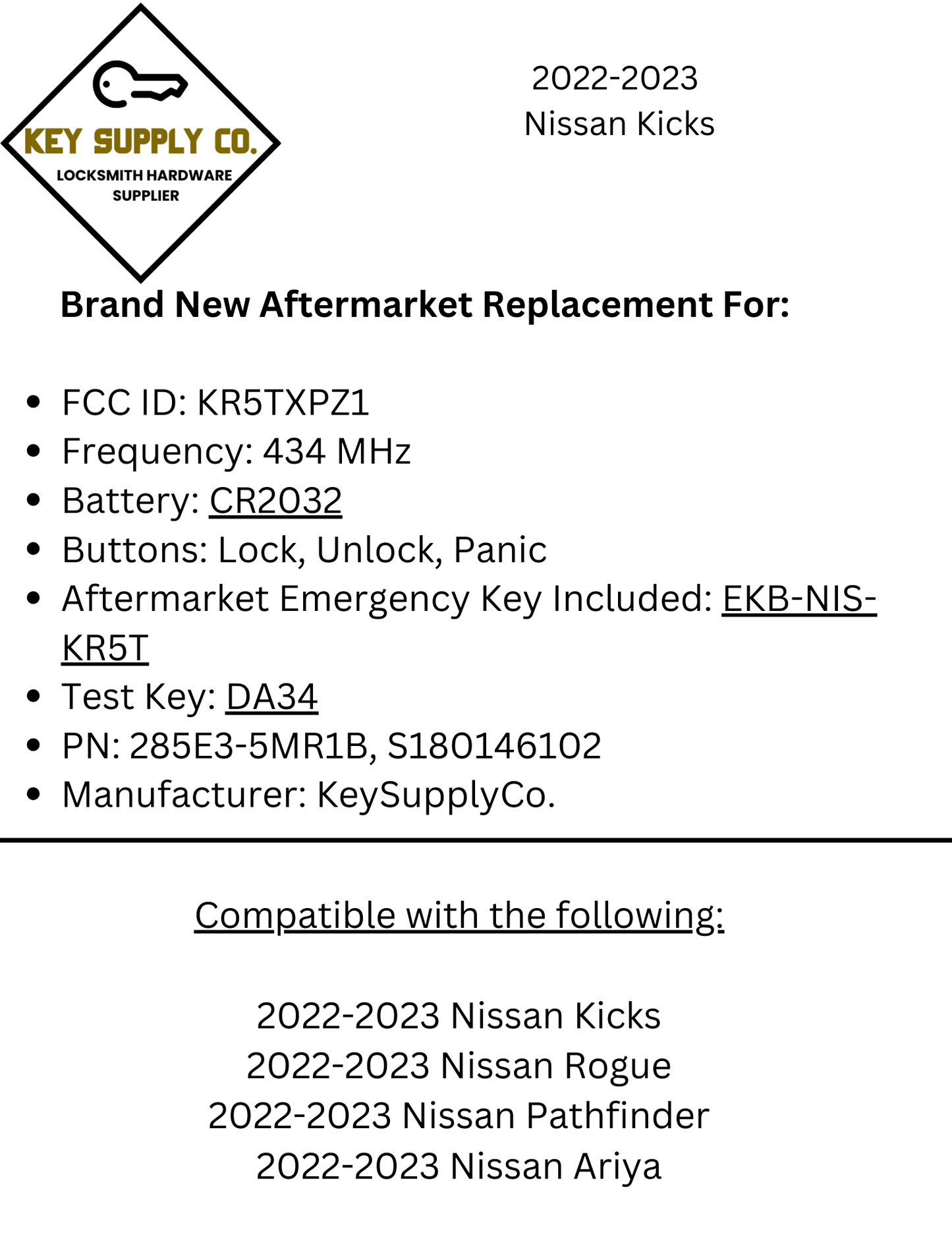 2022-2023 Nissan Ariya Kicks Rogue Pathfinder / 3-Button Smart Key / PN: 285E3-5MR1B / KR5TXPZ1 (AFTERMARKET)