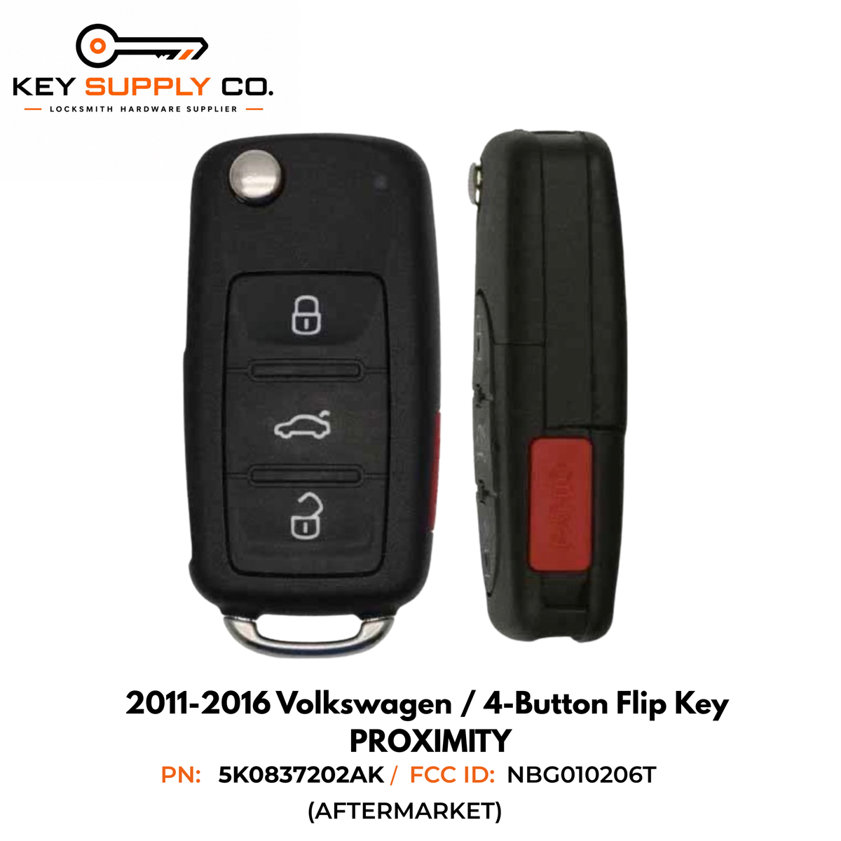 2011-2016 Volkswagen / 4-Button Flip Key / PN: 5K0837202AK / NBG010206T / HU66 / PROX / 315 MHz (AFTERMARKET)
