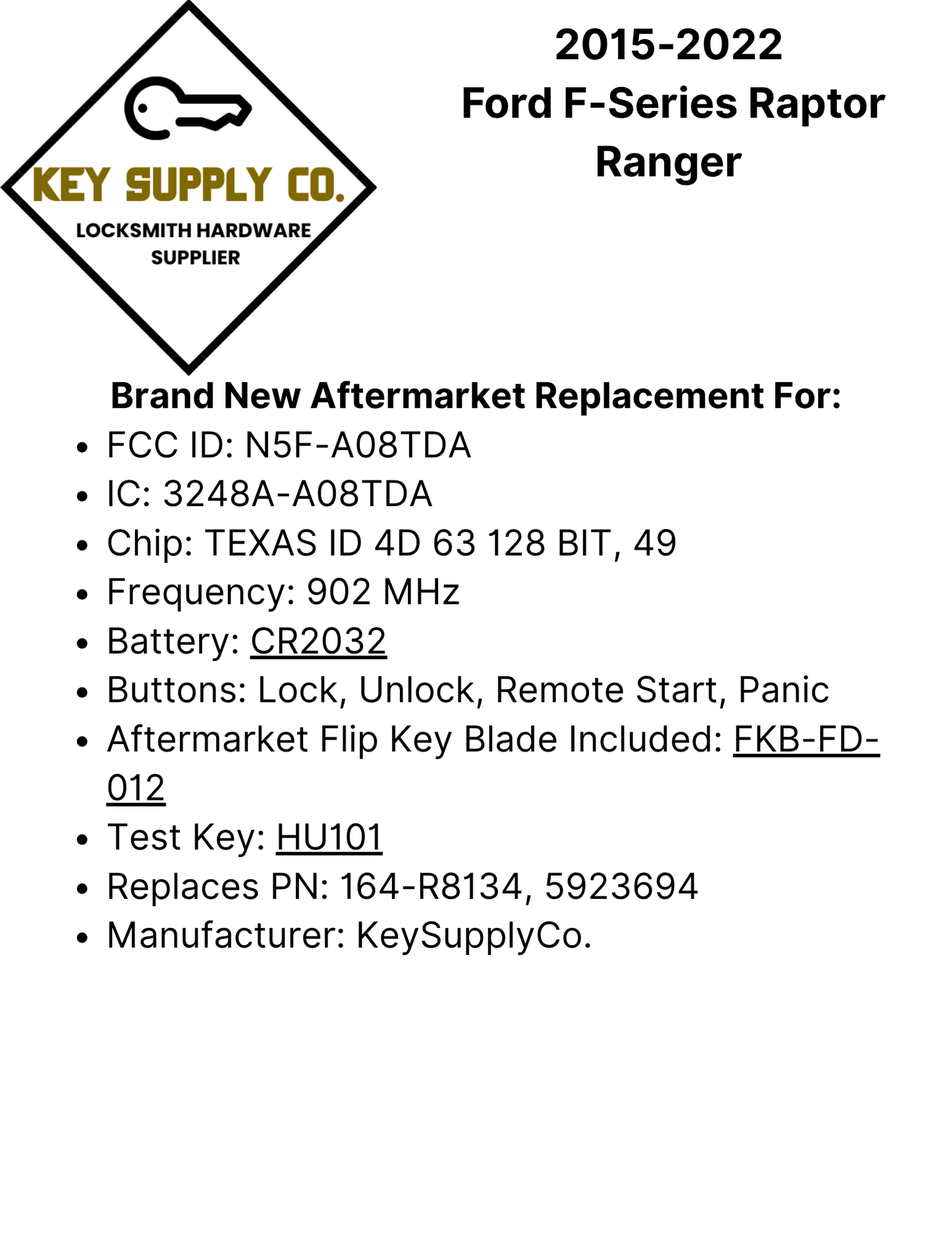 2015-2022 Ford F-Series Raptor Ranger / 4-Button Flip Key / 164-R8134 / N5F-A08TDA (AFTERMARKET)
