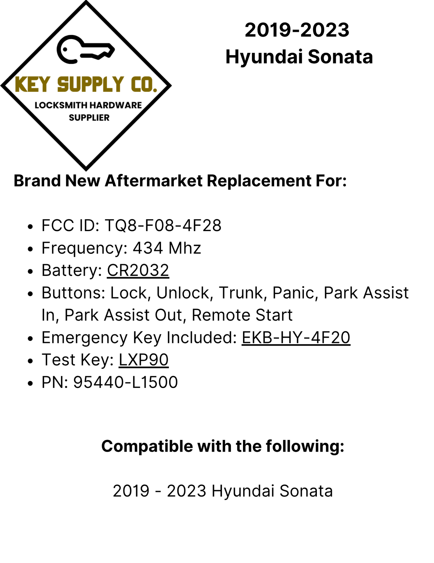 2019-2023 Hyundai Sonata / 7-Button Smart Key / PN: 95440-L1500 / TQ8-F08-4F28 (AFTERMARKET)