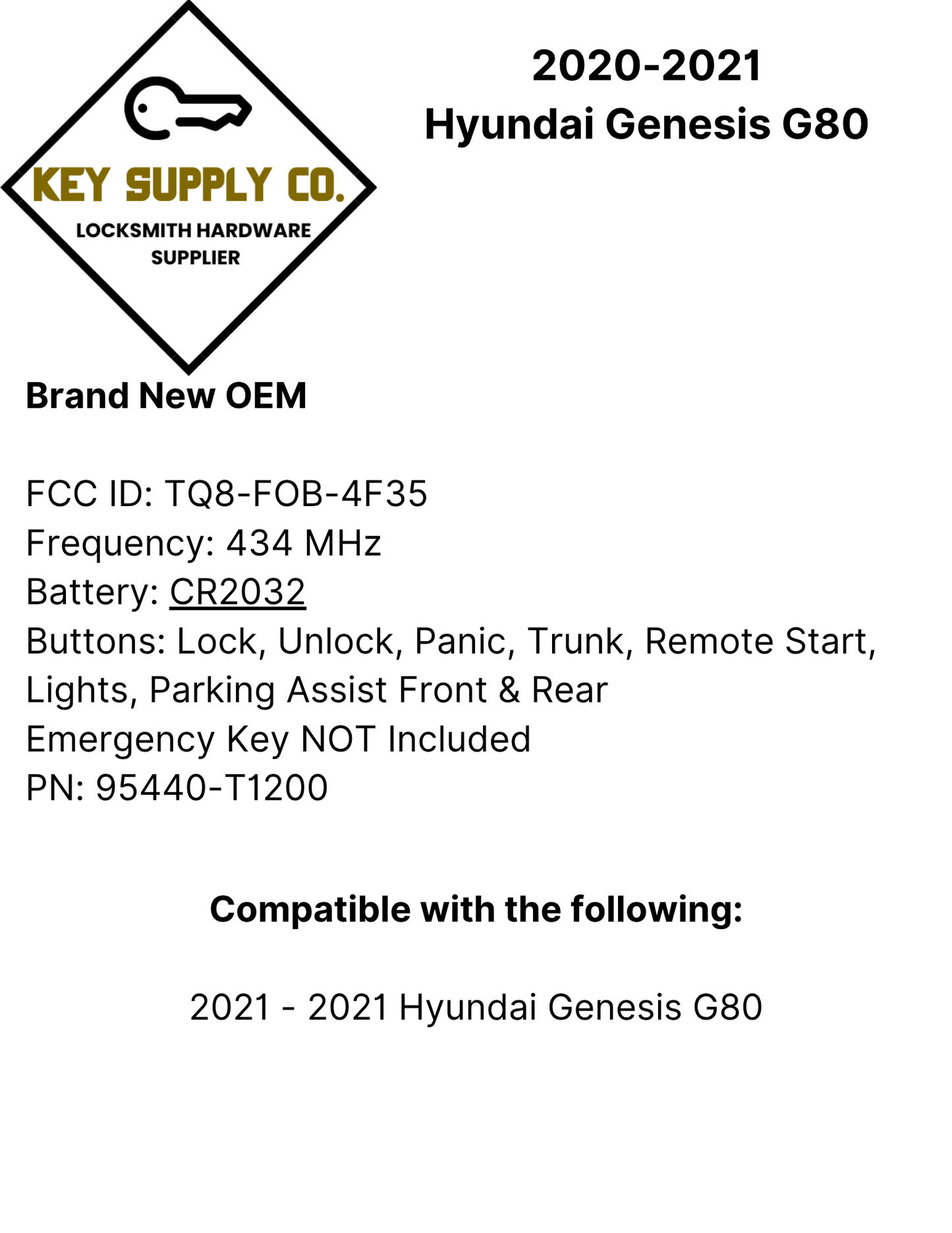 2020-2021 Hyundai Genesis G80 / 8-Button Smart Key / PN: 95440-T1200 / TQ8-FOB-4F35 (OEM)