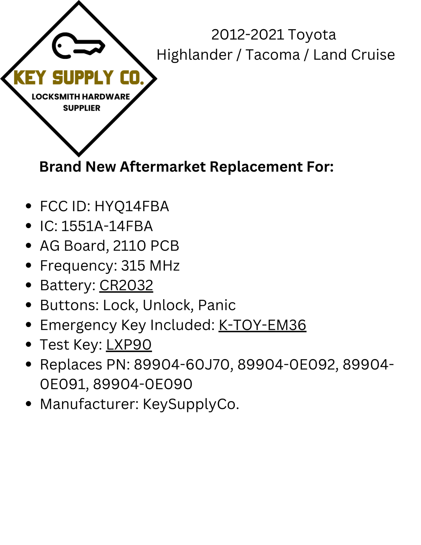 2012-2021 Toyota Highlander / Tacoma / Land Cruiser / 3-Button Smart Key / PN: 89904-0E091 / HYQ14FBA (AG Board 2110 PCB) (AFTERMARKET)