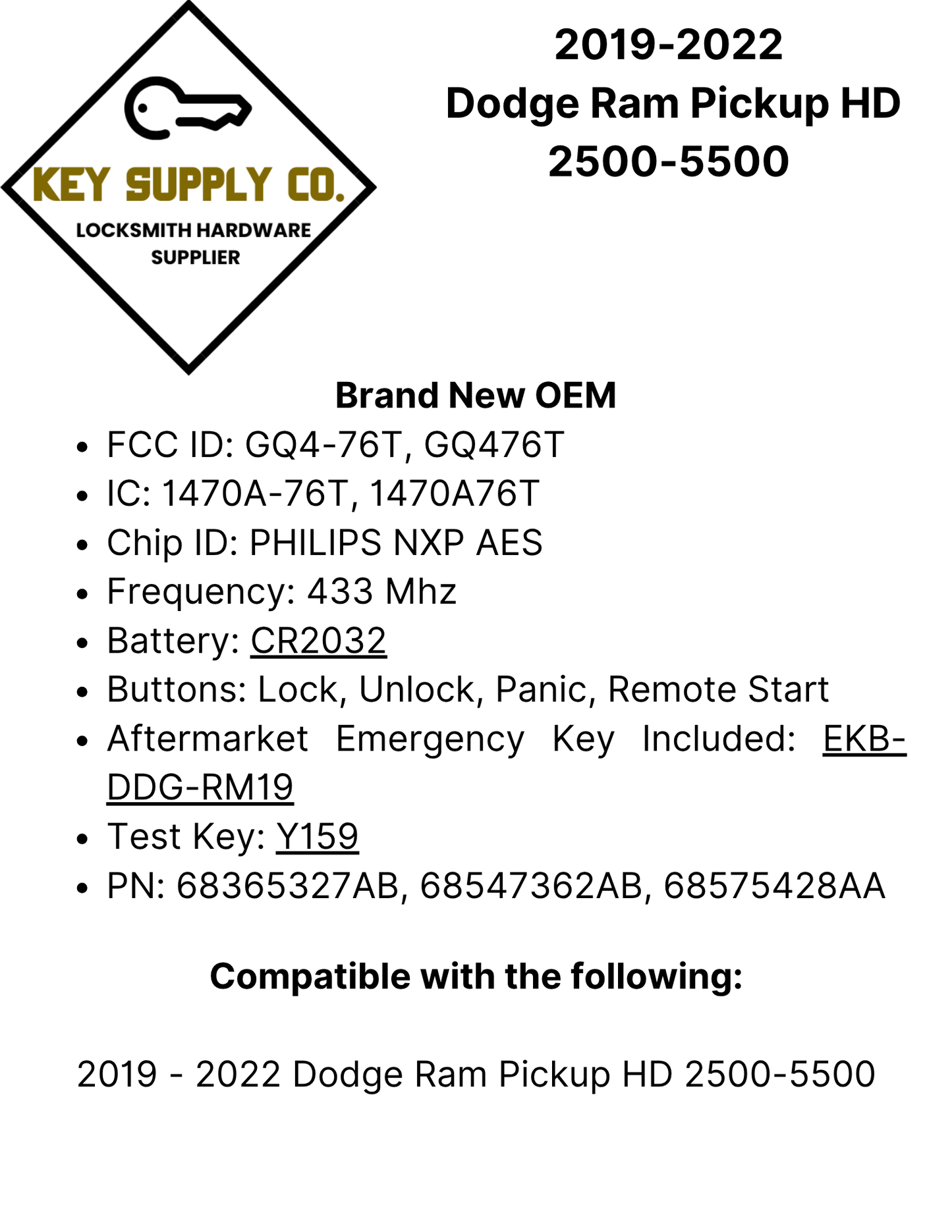 2019-2022 Dodge Ram Pickup HD 2500-5500 / 4-Button Smart Key / PN: 68365327AB / GQ4-76T (OEM)