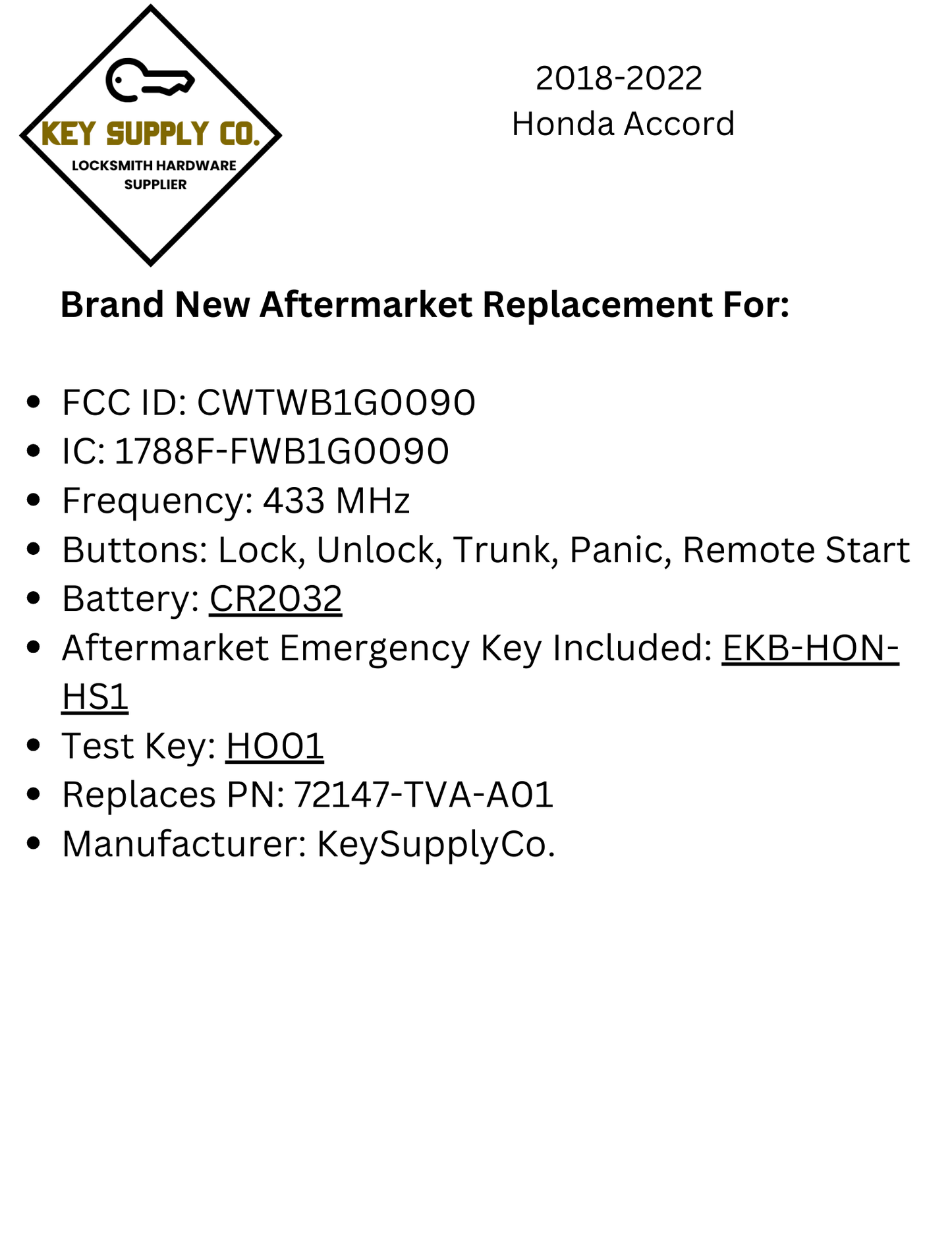 2018-2022 Honda Accord / 5-Button Smart Key / PN: 72147-TVA-A01 / CWTWB1G0090 (AFTERMARKET)