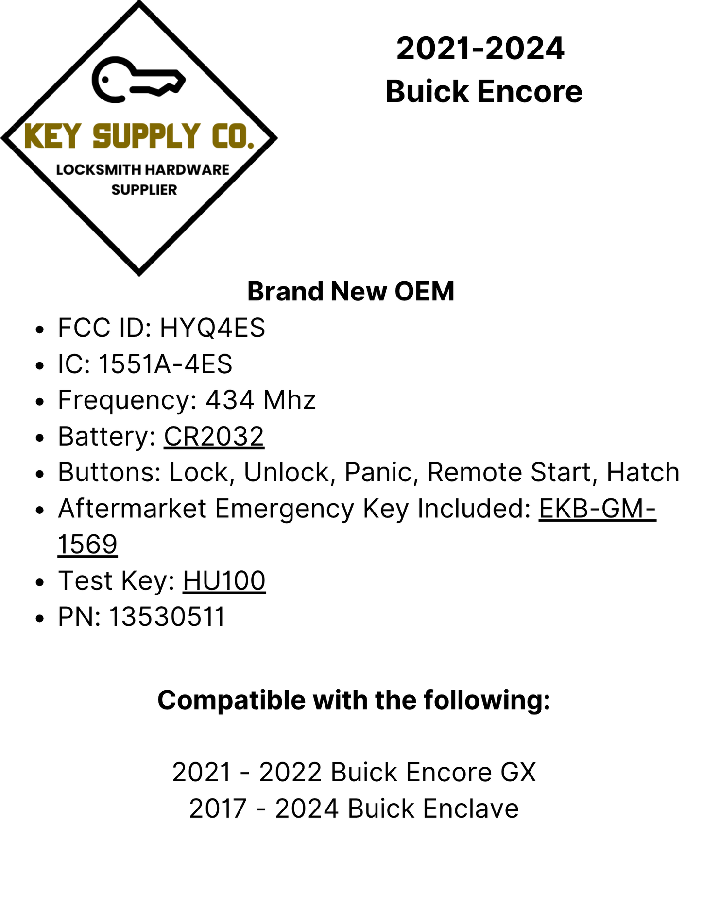 2021-2022 Buick Encore / 4-Button Smart Key / PN: 13534465 / HYQ4AS (OEM)