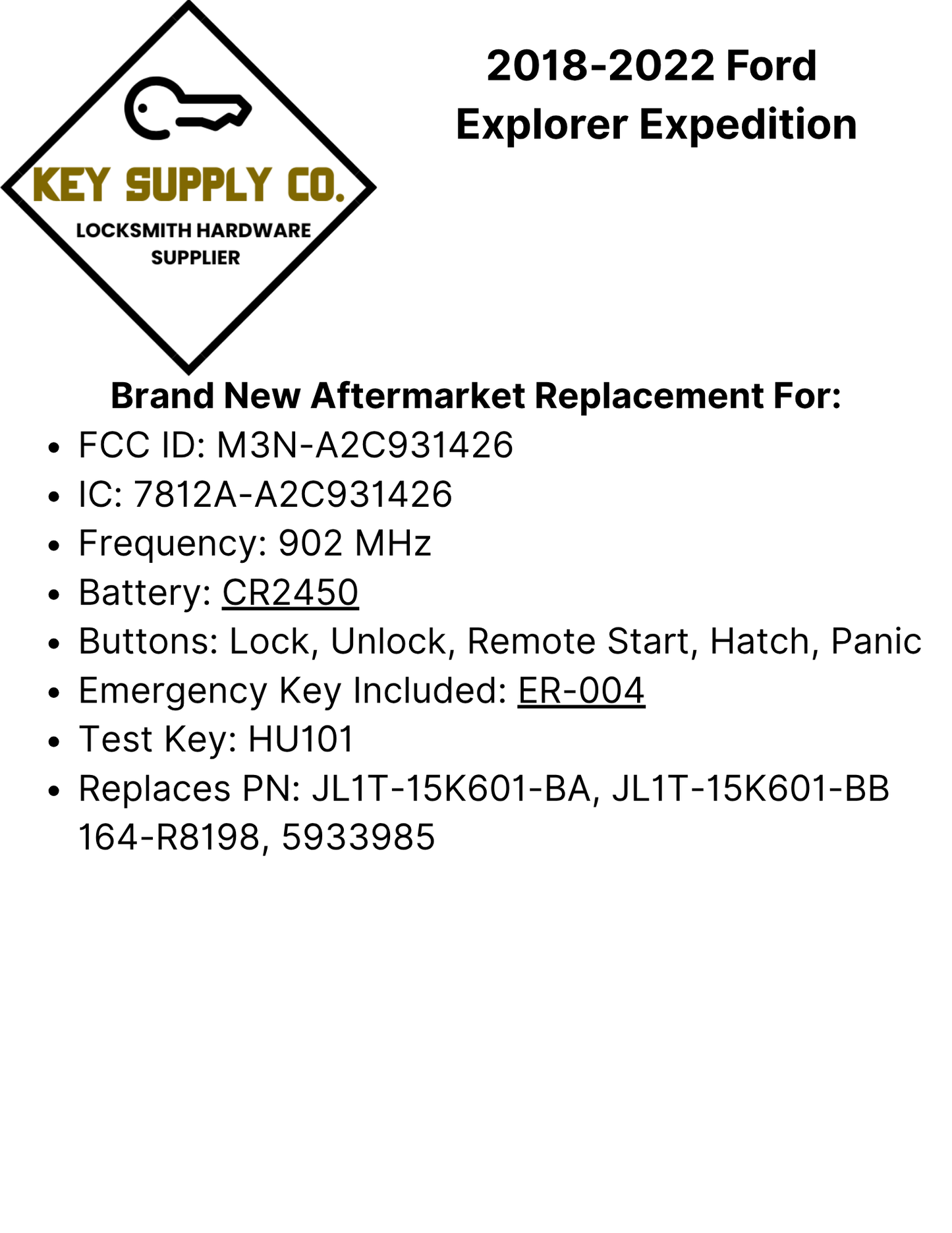 2018-2023 Ford Explorer Expedition / 5-Button Smart Key / PN: JL1T-15K601-BB / M3N-A2C931426 (AFTERMARKET)