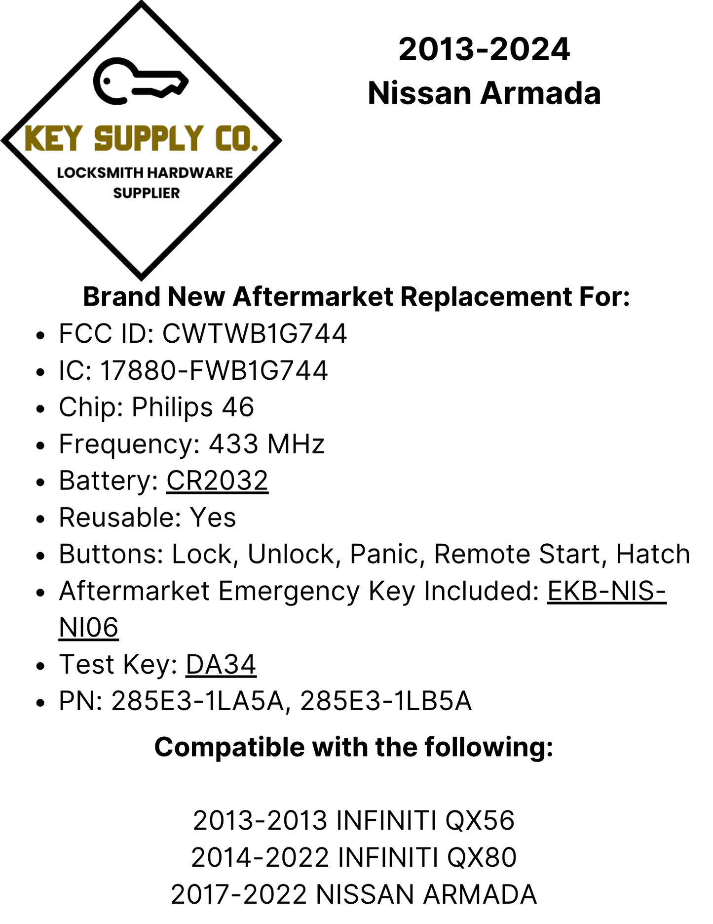 2013-2024 Nissan Armada / 5-Button Smart Key / CWTWB1G744 (AFTERMARKET)