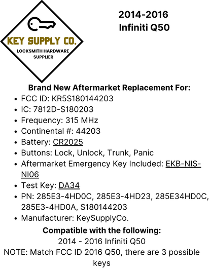 2014-2016 Infiniti Q50 / 4-Button Smart Key / PN: 285E3-4HD0C / KR5S180144203 (OEM)