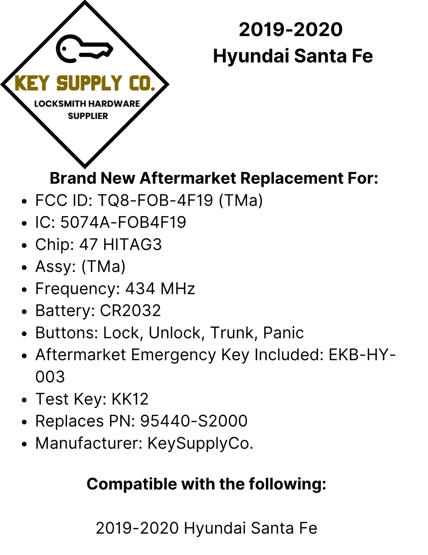 2019-2020 Hyundai Santa Fe / 4-Button Smart Key / PN: 95440-S2000 / TQ8-FOB-4F19