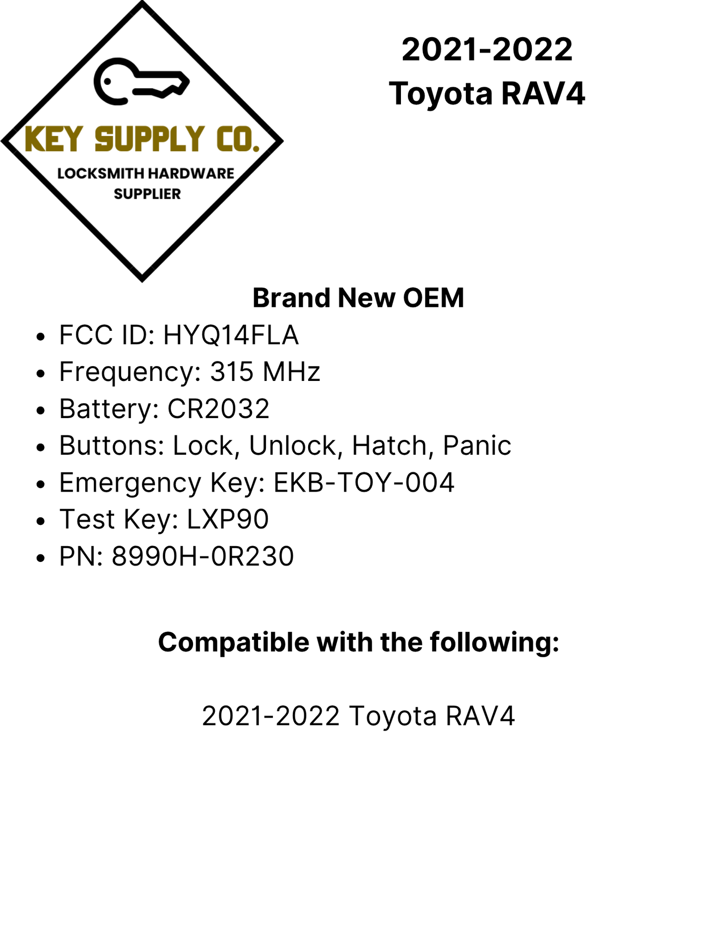 2021-2022 Toyota RAV4 / 4-Button Smart Key / PN: 8990H-0R230 / HYQ14FLA (OEM)