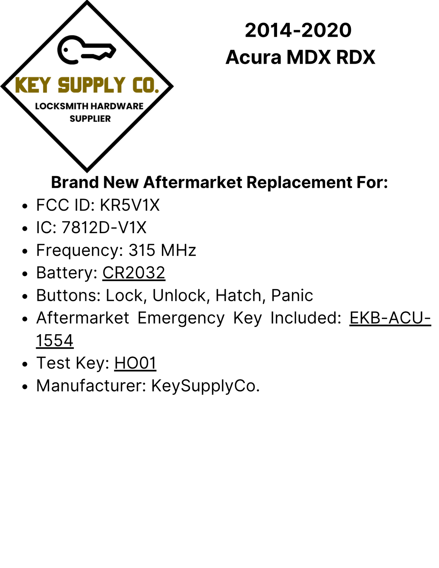 2014-2020 Acura MDX RDX / 4-Button Smart Key / PN: 72147-TZ5-A01 / KR5V1X (AFTERMARKET)