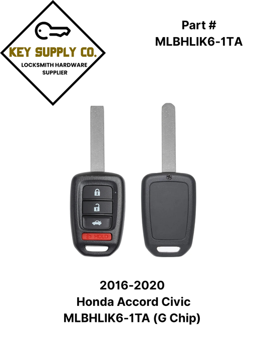 2016-2020 Honda Accord Civic / 4-Button Remote Head Key / MLBHLIK6-1TA (G Chip) (AFTERMARKET)