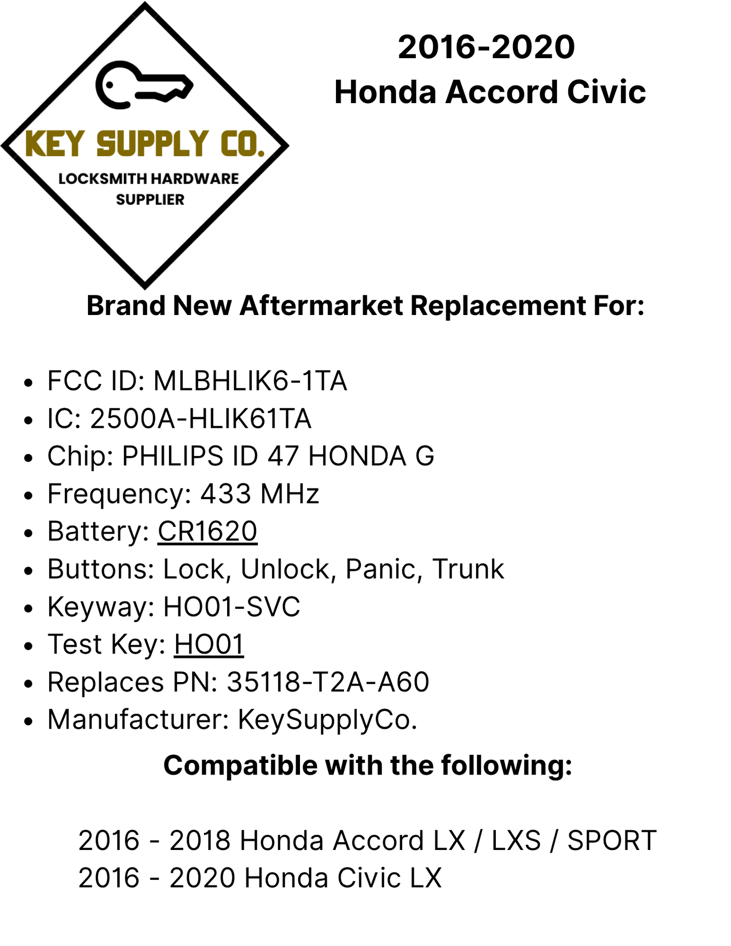 2016-2020 Honda Accord Civic / 4-Button Remote Head Key / MLBHLIK6-1TA (G Chip) (AFTERMARKET)