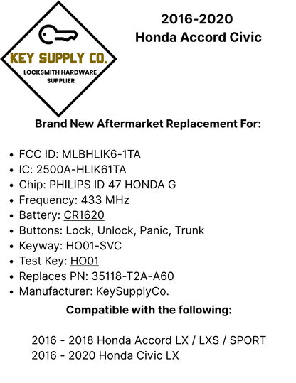 2016-2020 Honda Accord Civic / 4-Button Remote Head Key / MLBHLIK6-1TA (G Chip) (AFTERMARKET)