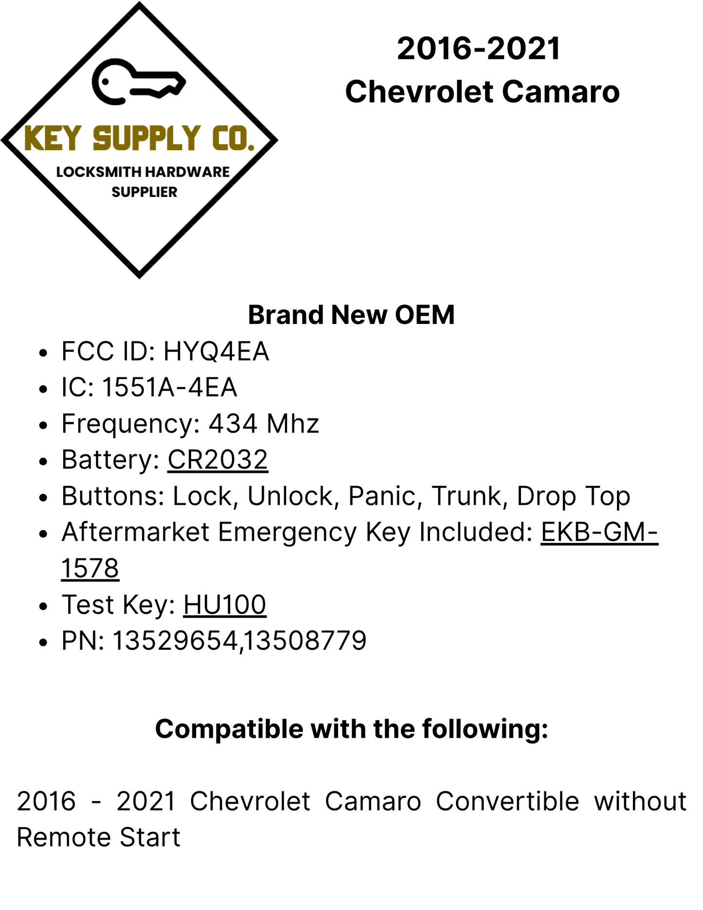 2016-2021 Chevrolet Camaro / 5-Button Smart Key / PN: 13529654 / HYQ4EA / w/ Drop Top (OEM)