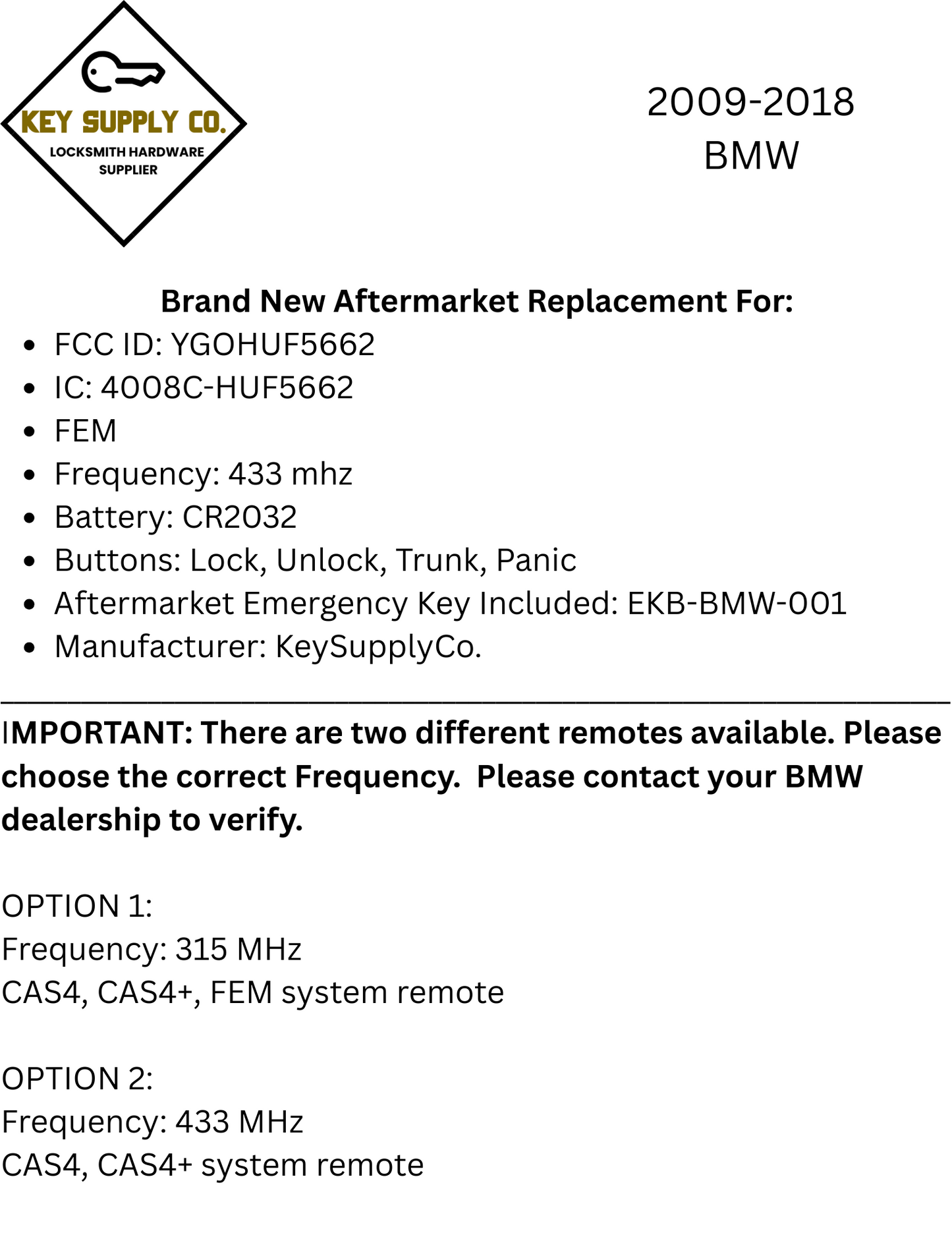 2009-2018 BMW 2 / 3 / 4 / 5 / 6 / 7 Series / 4-Button Smart Key / YGOHUF5662 / FEM / 433 MHz (AFTERMARKET)