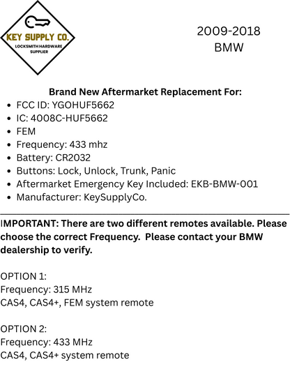 2009-2018 BMW 2 / 3 / 4 / 5 / 6 / 7 Series / 4-Button Smart Key / YGOHUF5662 / FEM / 433 MHz (AFTERMARKET)