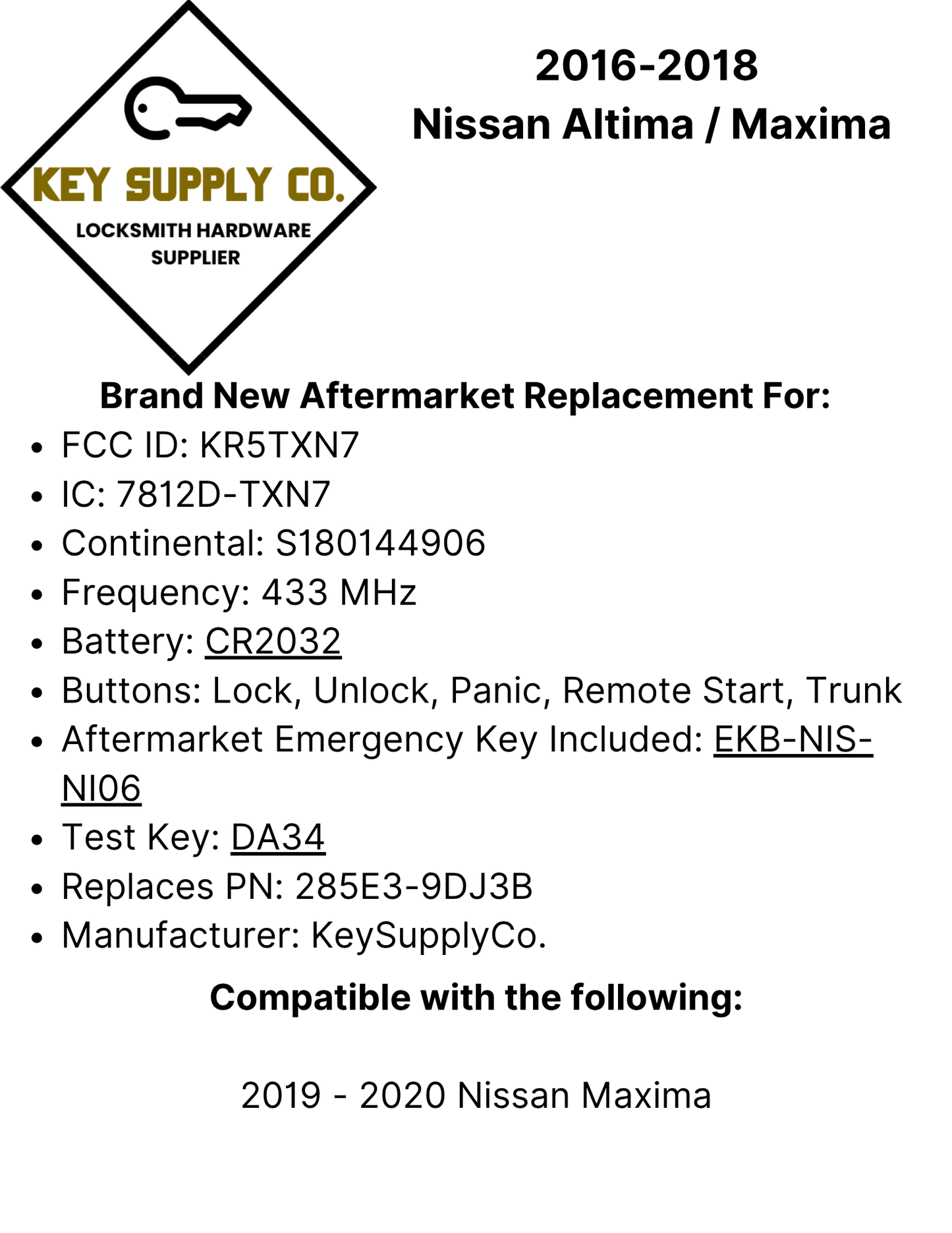 2019-2020 Nissan Maxima / 5-Button Smart Key / PN: 285E3-9DJ3B / S180144906 / KR5TXN7 (AFTERMARKET)